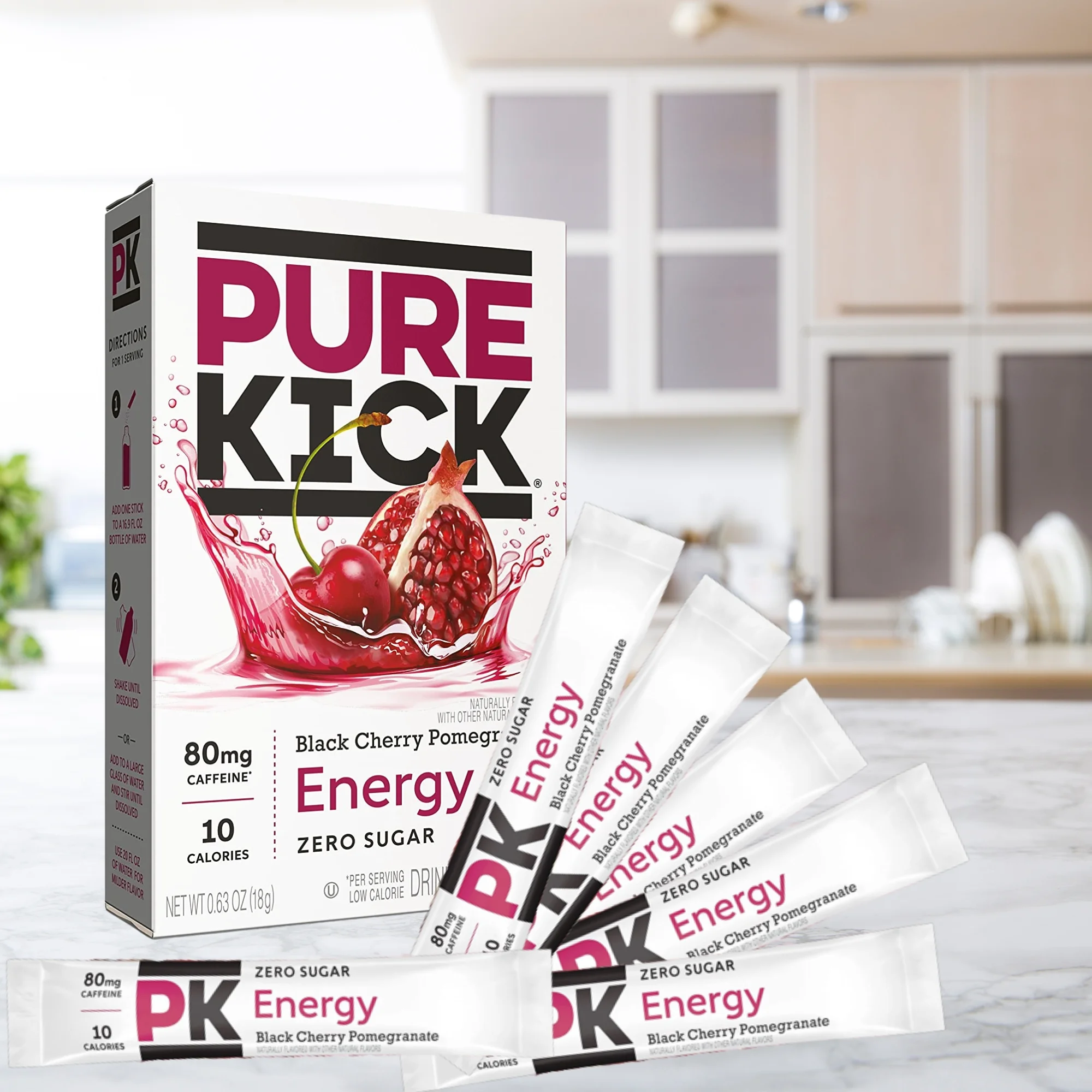 Pure Kick Black Cherry Pomegranate Singles Zero Sugar Energy Drink Mix, Caffeine Electrolytes Gluten Free Water Enhancer, 6 packets per box (18 packets total)