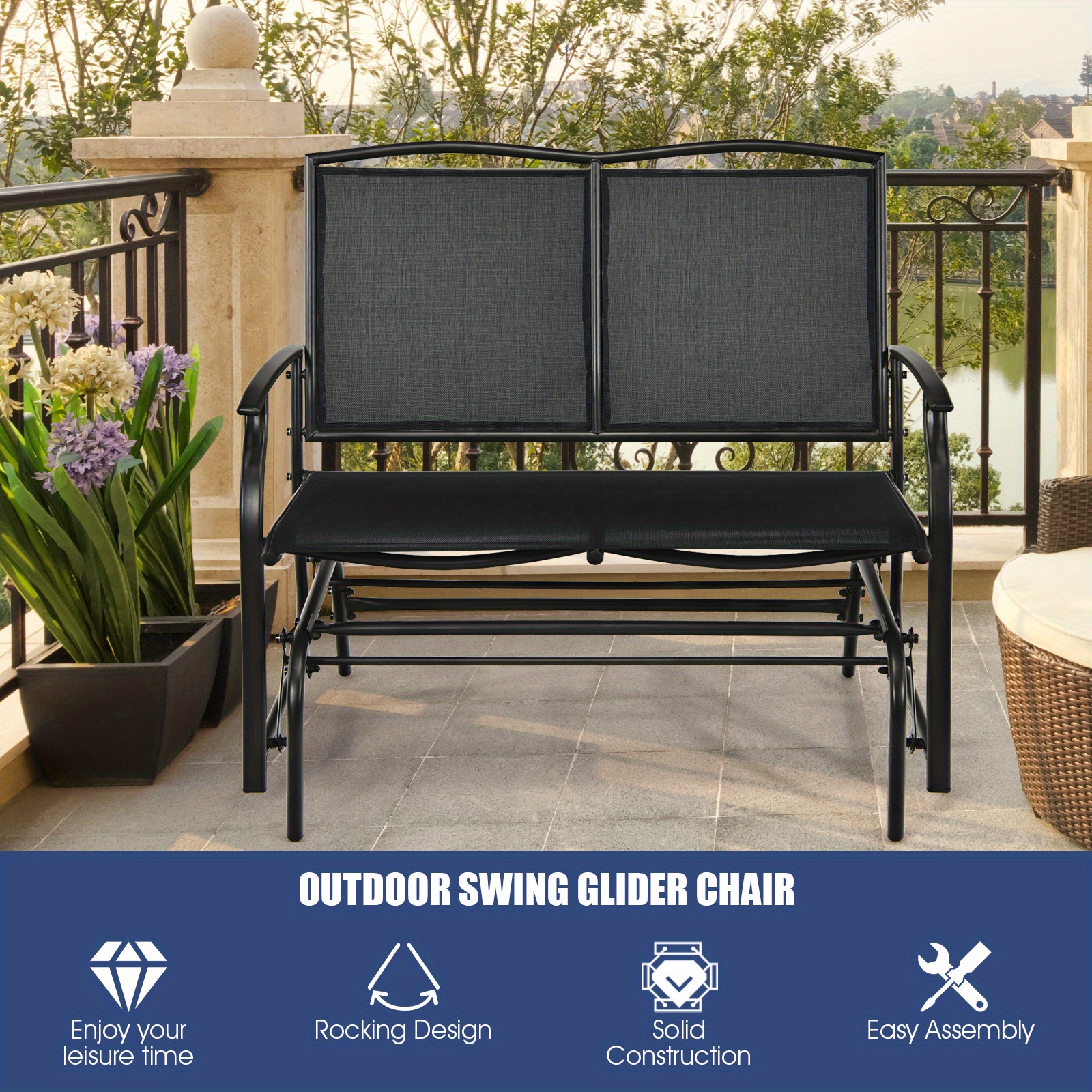 Patio Glider Rocking Bench Double 2 Person Chair Loveseat Garden Black