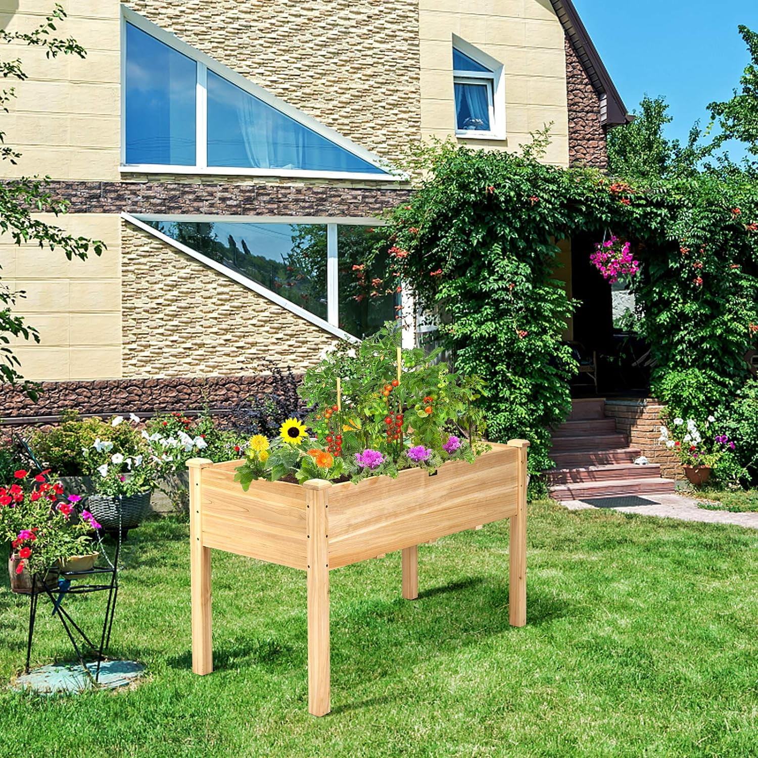 Raised Garden Bed Kit Elevated Planter Box for Vegetables Fruits Herb Grow, Heavy Duty Natural Cedar Wood Frame Gardening Planting Bed for Deck Patio Yard, 49.5