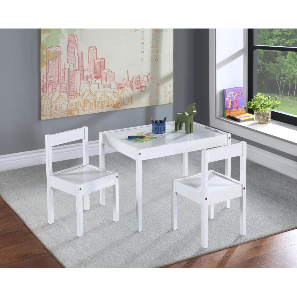 DeeHome Della 3-Piece Solid Wood Kids Table & Two Chair Set, White