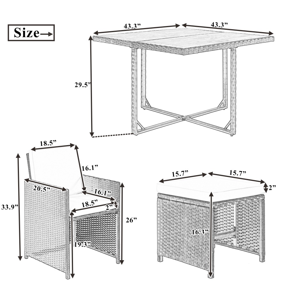 TOPMAX Patio All-Weather PE Wicker Dining Table Set with Wood Tabletop for 8, Black Rattan+Beige Cushion (9-Piece)