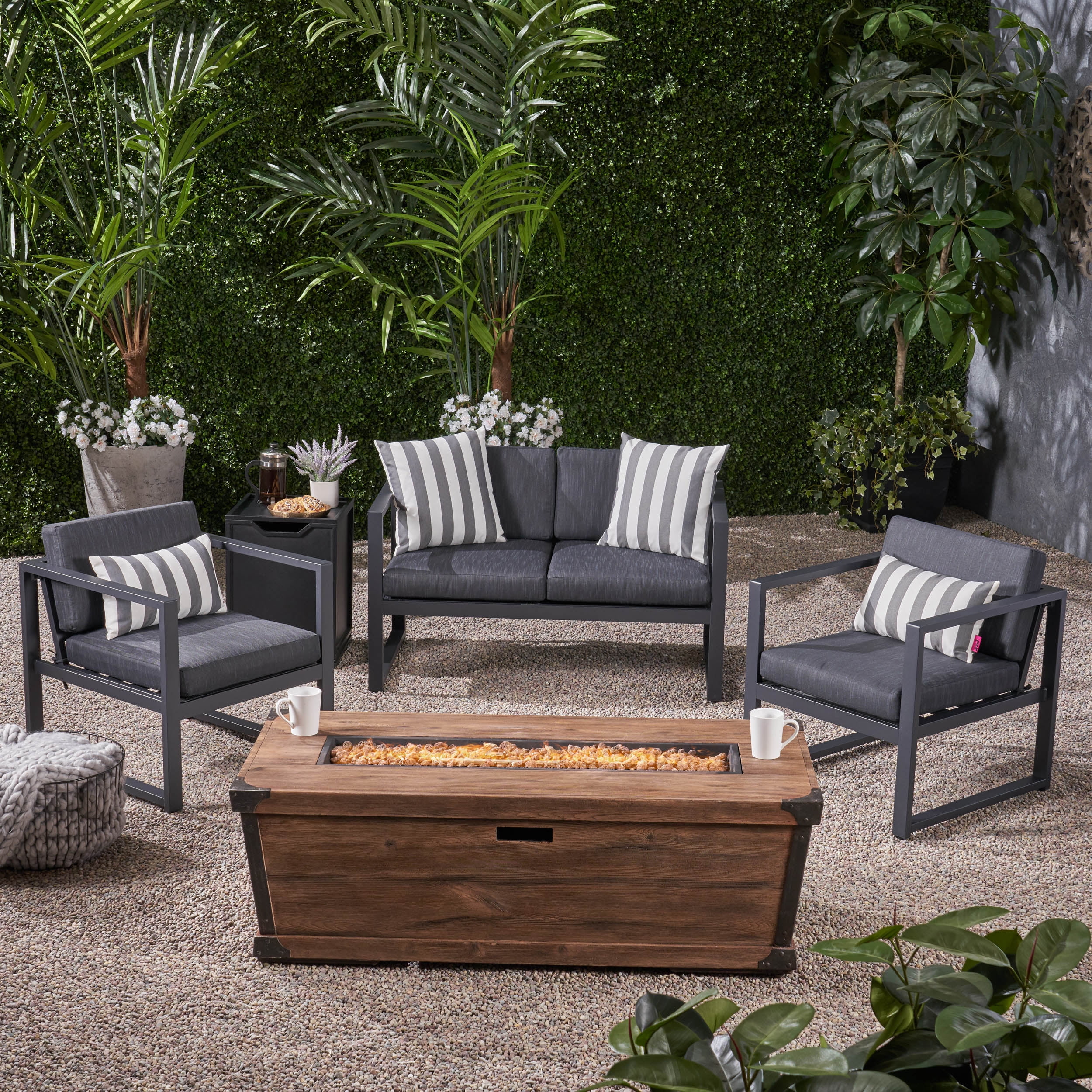 GDF Studio Carridge Outdoor Aluminum 4 Seater Chat Set with Fire Pit, Gray, Dark Gray, and Brown