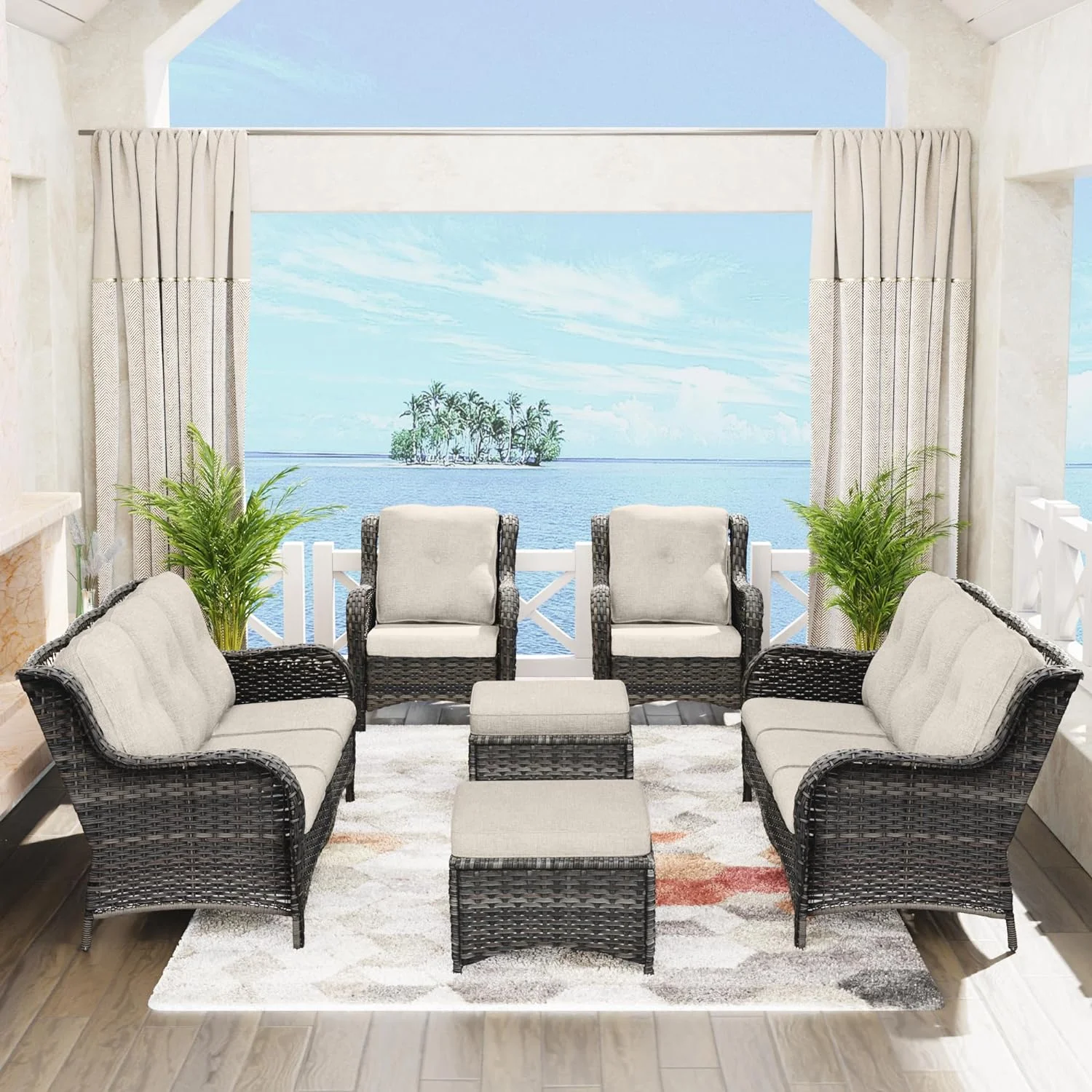 6 Pieces Patio Conversation Set, Two Wicker Chairs, Two 3-Seat Sofas and Two Ottomans with 3.5-inch Seat Cushions for Backyard, Balcony and Deck, Beige