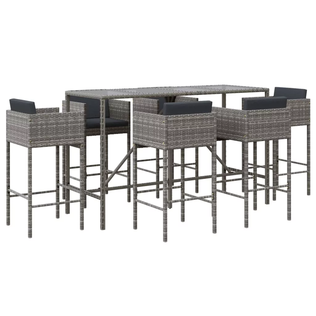 Dcenta 7 Piece Patio Bar Set with Cushions Gray Poly Rattan