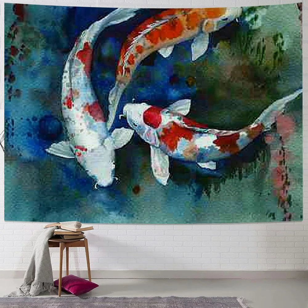 YIKUMA Wall Tapestry Carp Blue Asian Original Watercolor Painting Koi Green Deep Pond Chinese Fish Japanese Tapestry Wall Hanging Bedding Tapestry for Bedroom Painting