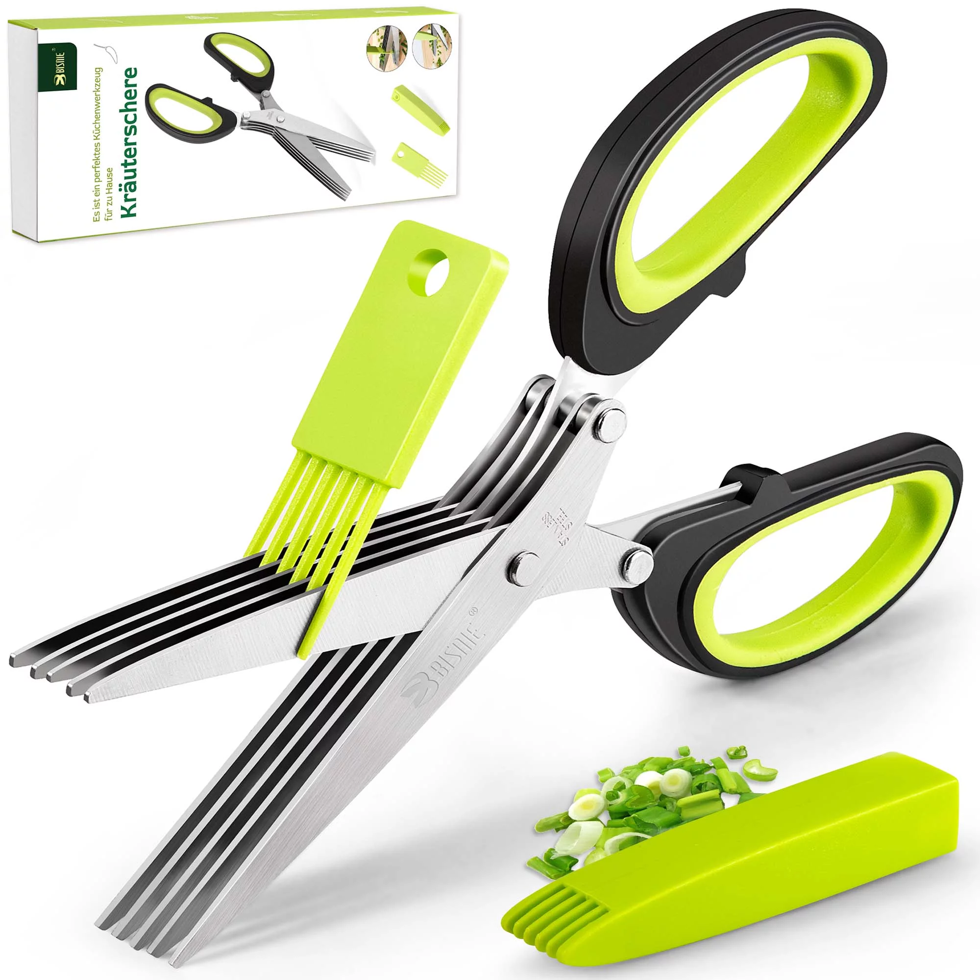 BISNIE Herb Scissors Set,Multipurpose Stainless Steel 5 Blade Kitchen Salad Scissors with Safety Cover and Cleaning Comb,Kitchen Scissors for Chopping Herbs and Papers(Black-Green)