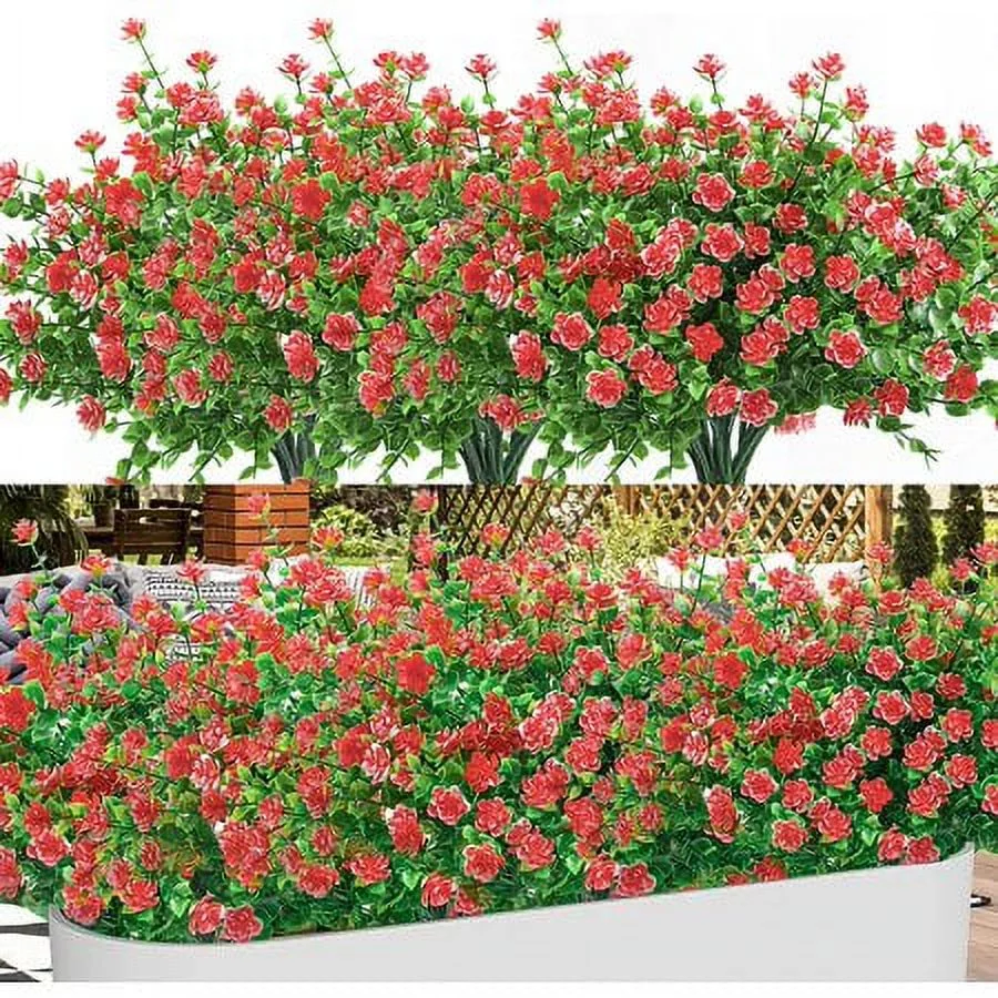 8PACK Outdoor Artificial Flowers UV Resistant Fake Plants Faux Plastic Greenery for Indoor Outside Plants Garden Porch Window Home Wedding Decor