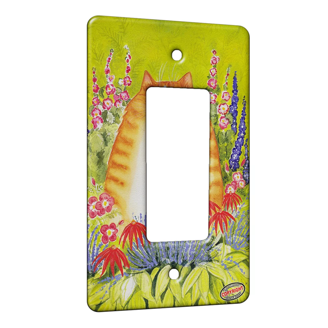 KuzmarK™ 1 Gang Rocker Wall Plate - Ginger Tabby Cat with Garden Flowers Art by Denise Every