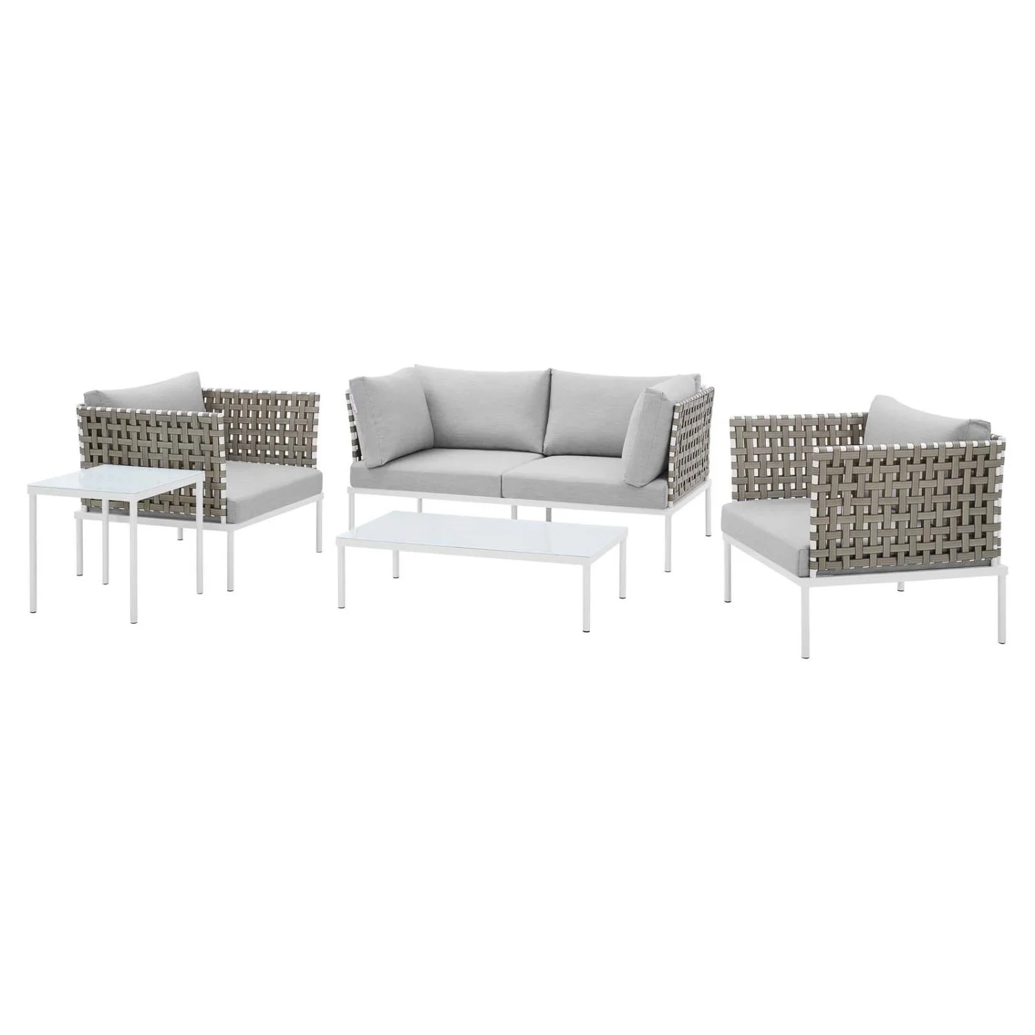 Lounge Sectional Sofa Table Set, Grey Gray, Aluminum Metal, Outdoor Patio Balcony Cafe Bistro Garden Hospitality Restaurant, Modern Contemporary HB33454