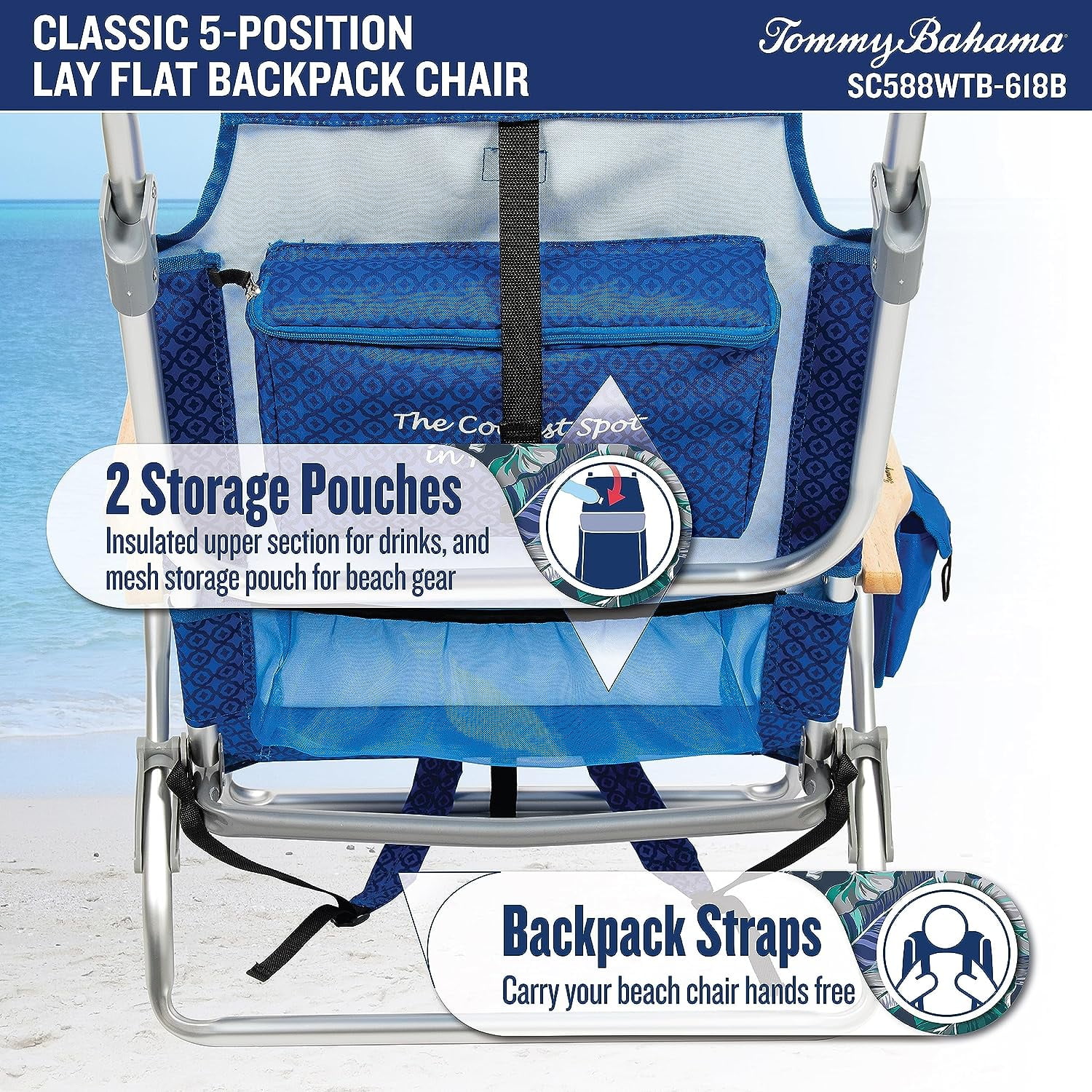 Tommy Bahama 5 Position Backpack Chair, Aluminum, Blue