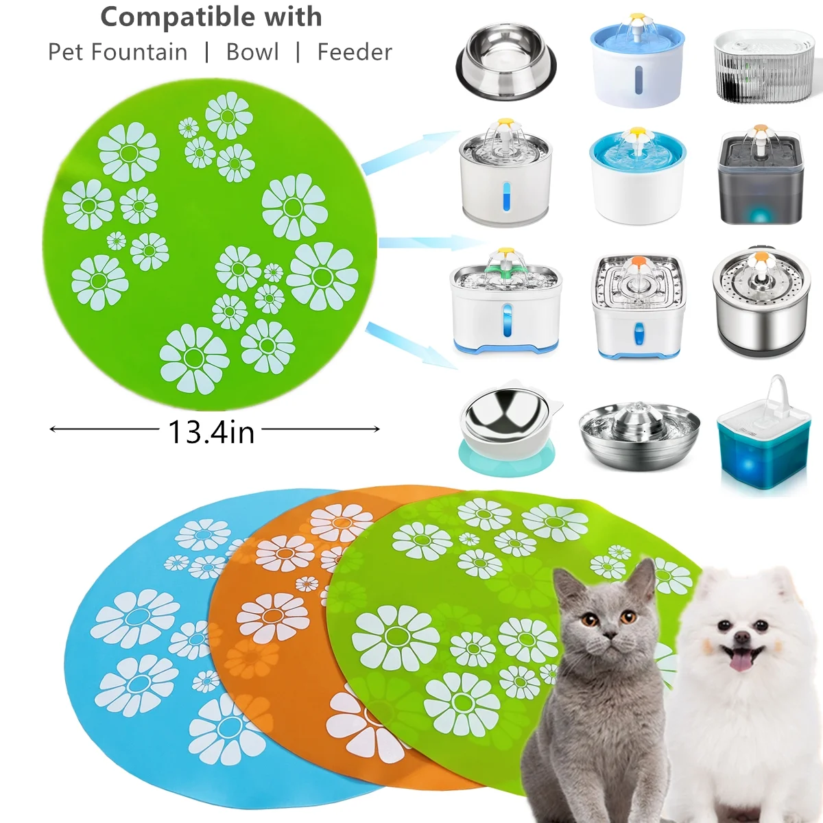 Silicone Pad for Pet Water Fountains, 13.4 inch Large Size Silicone Dog Cat Bowl Mat Waterproof Non-Slip Non-Stick Lovely Flowers Pattern Pad Safe for Dogs Cats Birds (Blue)