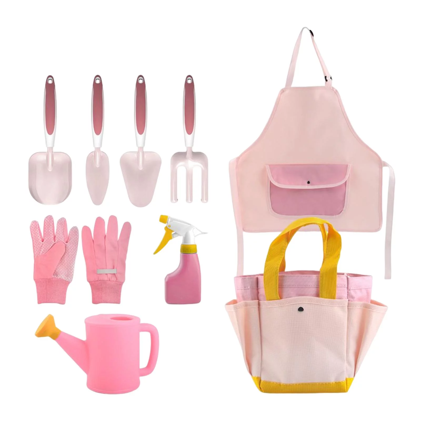 Kids Educational Gardening Tool Set Pink Includes Gloves, , Rake, etc Rounded Edges Holiday Gifts Accessory Compact Size Sturdy 9Pcs