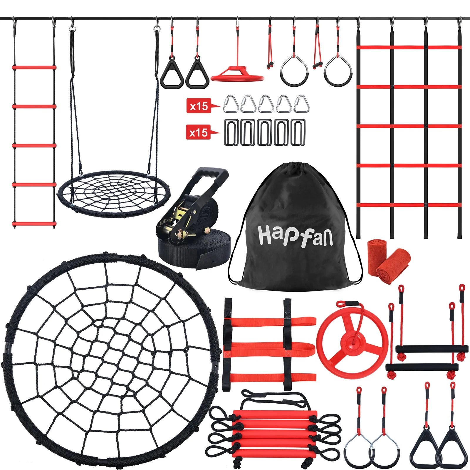 Hapfan 50ft Ninja Warrior Obstacle Course for Kids with Web Swing