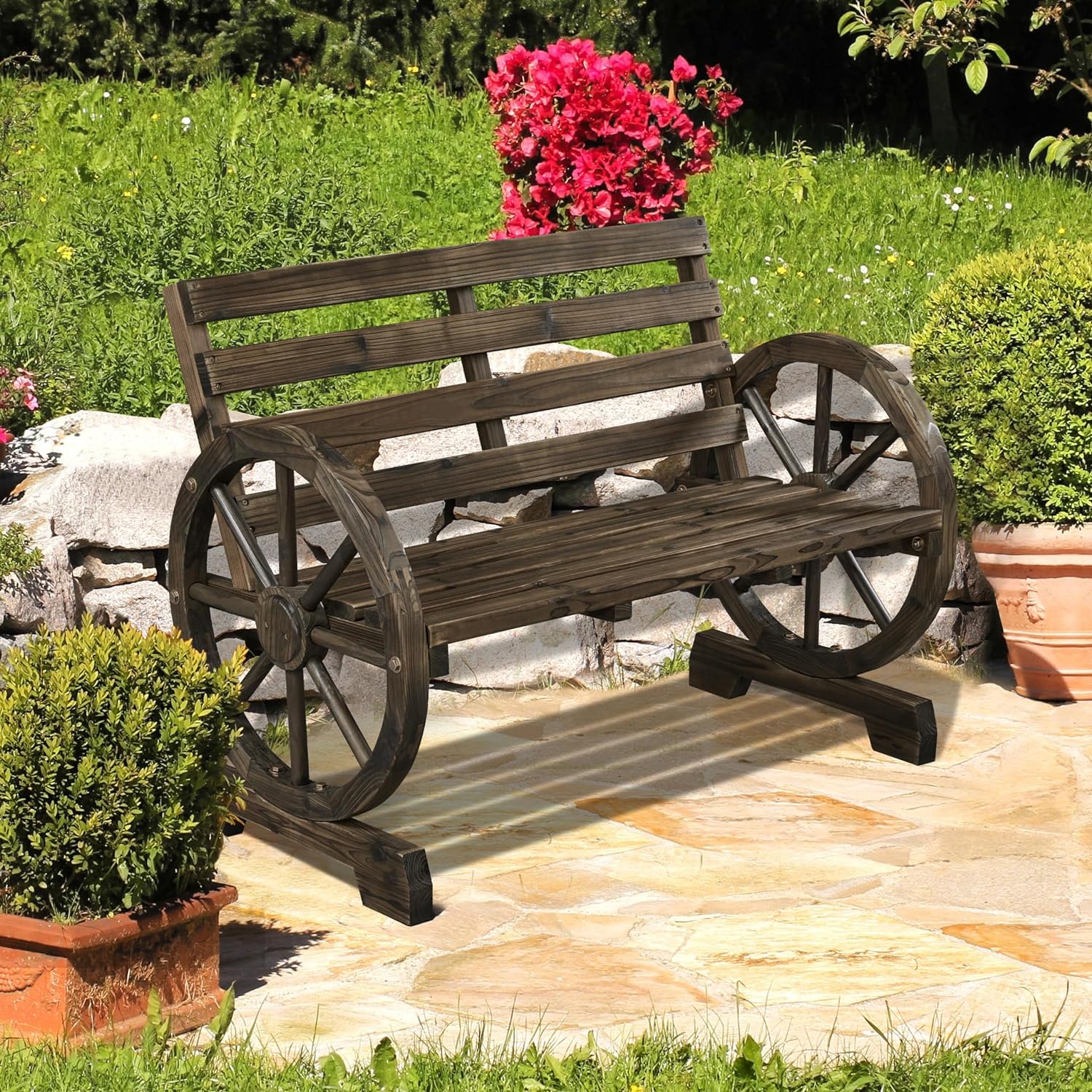 Elegant 41in Wooden Wheel Bench Garden Bench Outdoor Bench Elegant Bench, 2-Person Wagon Slatted Seat Outdoor Elegant Furniture for Outdoor, Porch, Park,Yard, Dark Brown