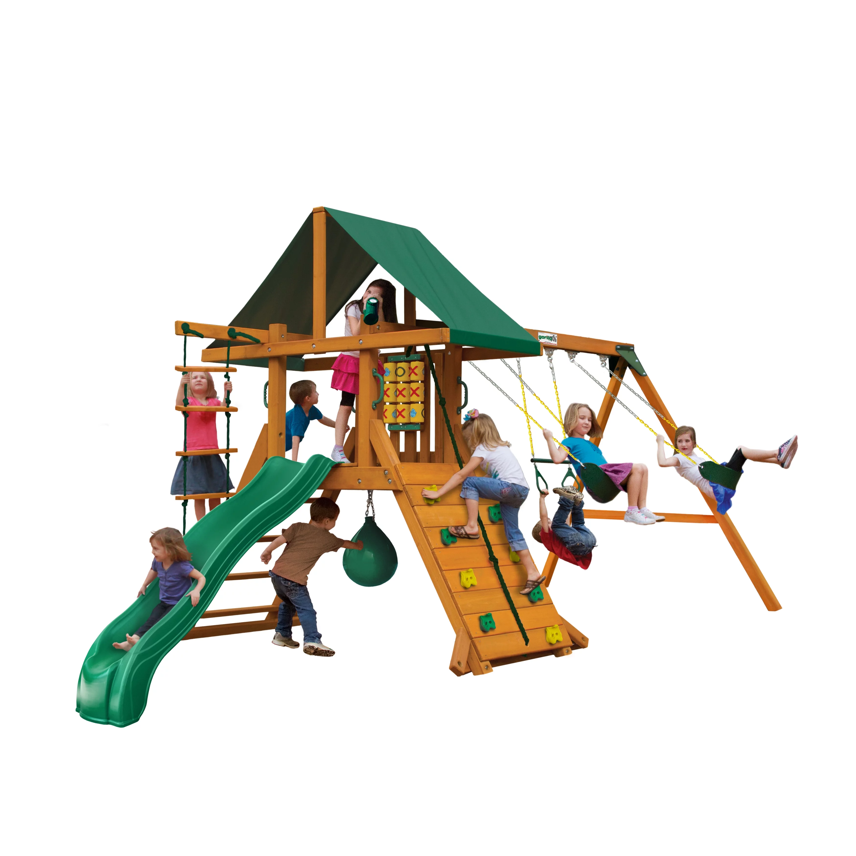 Gorilla Playsets High Point II Wooden Swing Set with Punching Ball, 2 Belt Swings, and Trapeze Bar