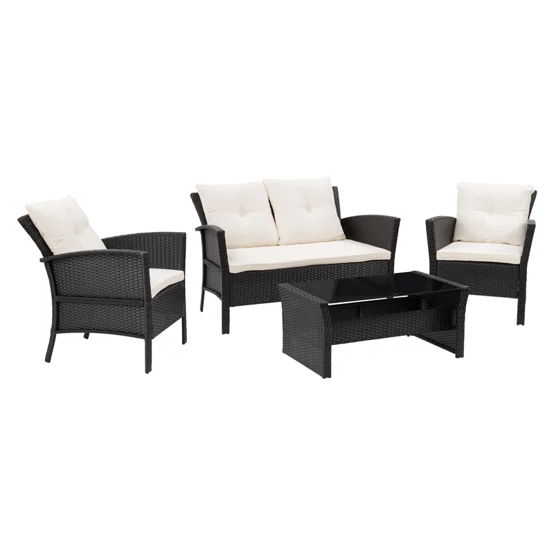 Afuera Living 4-Piece Fabric & Wicker/Rattan Patio Set in Warm White/Black