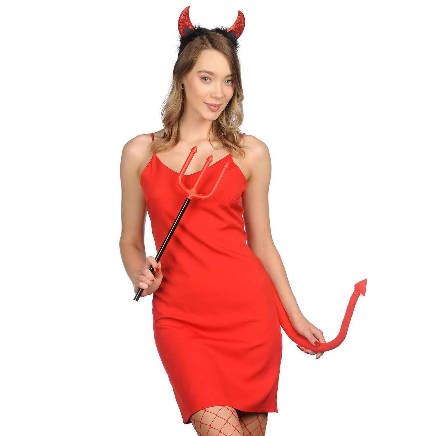 FUNCREDIBLE Devil Costume Accessories Set | Devil Horns and Tail with Pitchfork | Glitter Devil Ears Headband | Halloween Fancy Devil Cosplay Outfit Accessories for Women, Men and Kids (Red)