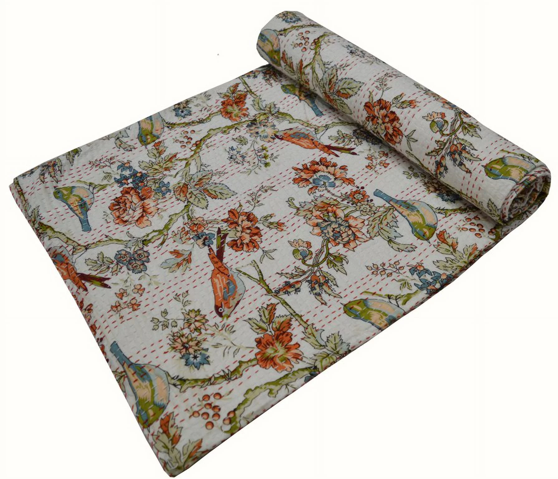 Indian Vintage Kantha Quilt 100% Cotton Kantha Throw Kantha Blanket Handmade Quilt Double Size Kantha Bedspread Bird Print