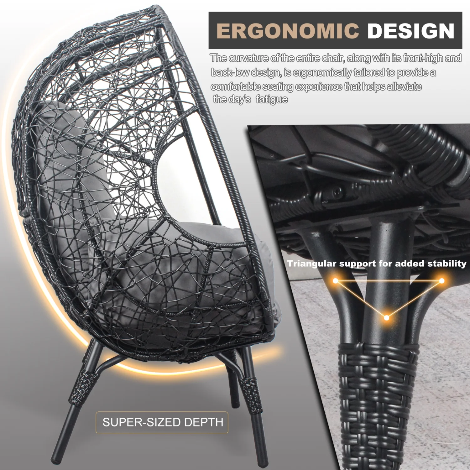 Elegant Black PE Wicker Patio Egg Chair Set with Grey Cushion and Matching Side Table - Model 3