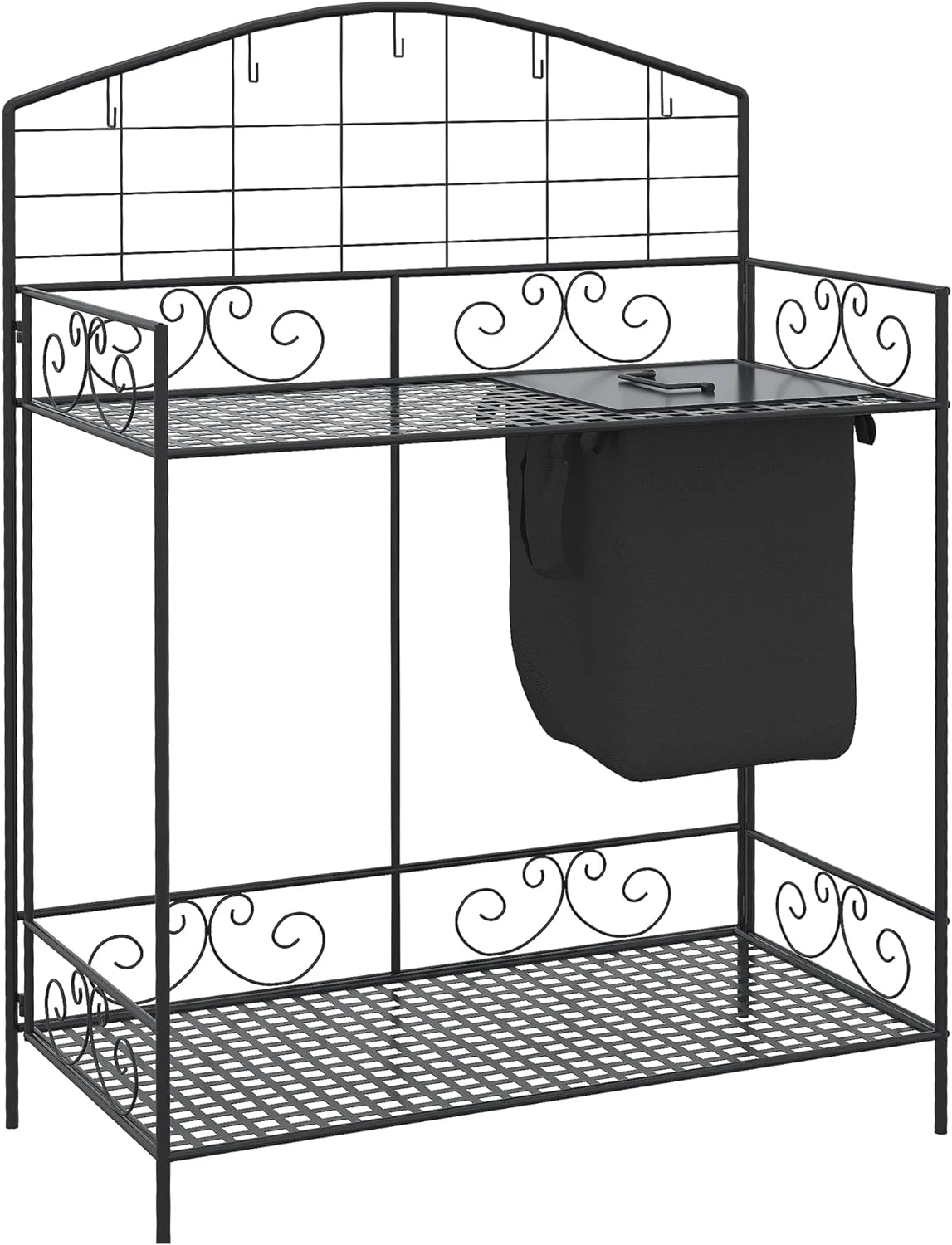 Folding Potting Bench Table, Metal Garden Workstation, Work Bench with Large Build-in Bag with Cover, 5 Hanging Hooks & Storage Shelf, Flourishes
