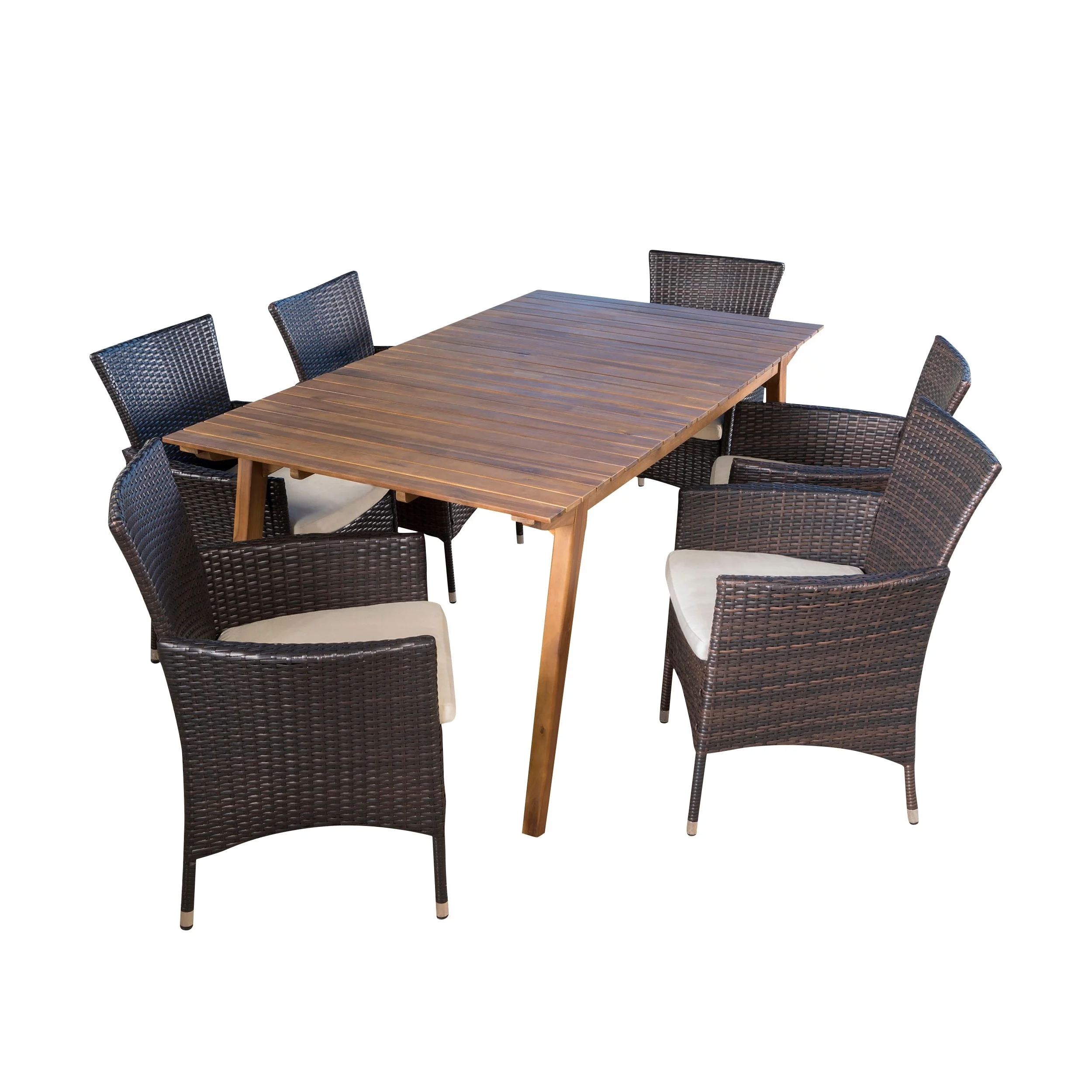 Christopher Knight Home Saba Outdoor 7-Piece Rectangle Wicker Wood Dining Set with Cushions by