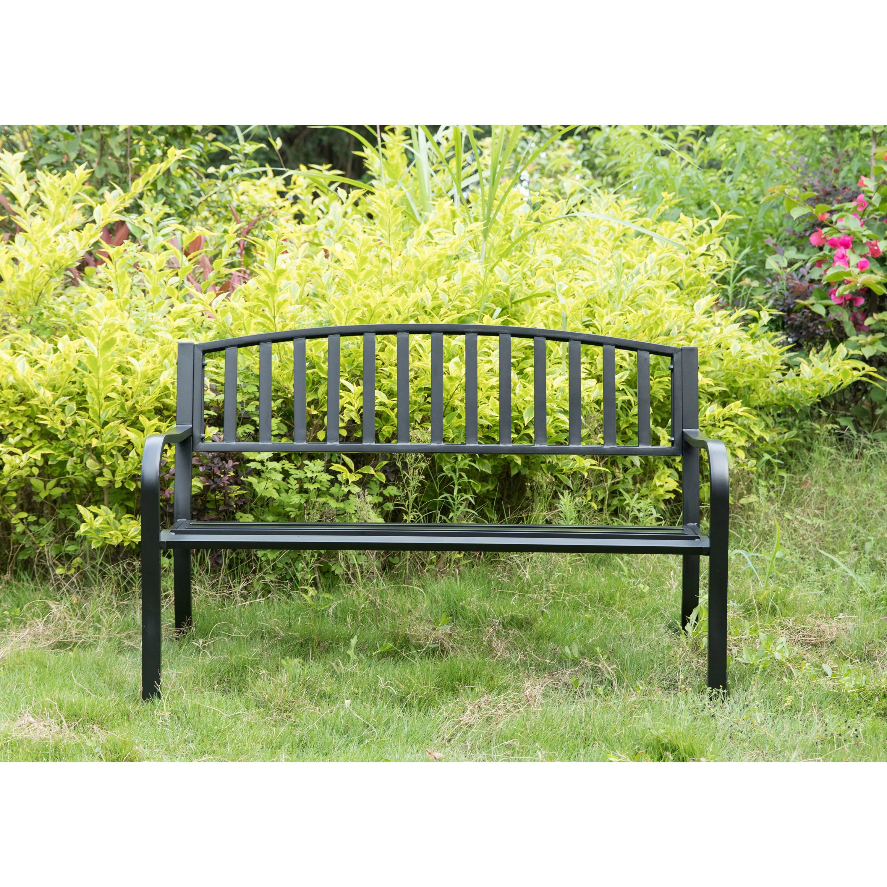 Steel Garden Park Bench Cast Iron Frame Patio Lawn Yard Decor, Black Seating Bench for Yard, Patio, Garden, Balcony, and