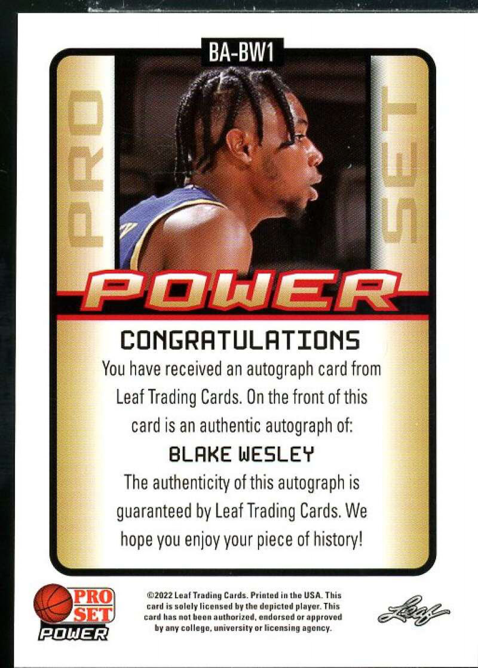 Blake Wesley Rookie Card 2021-22 Leaf Pro Set Power Platinum #BABW1