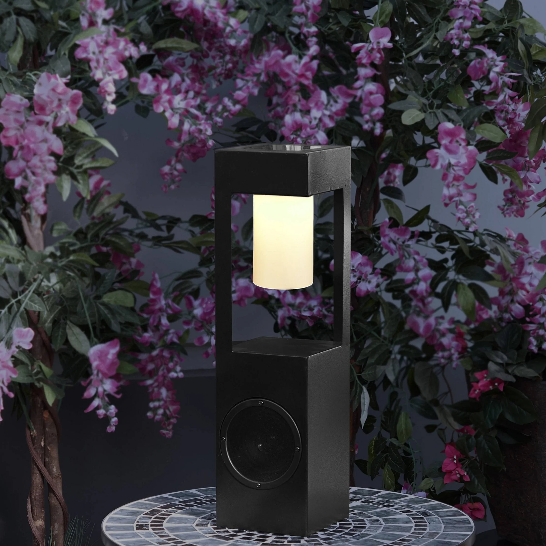 Outdoor Metal Lantern with LED Light and Bluetooth Speaker Black
