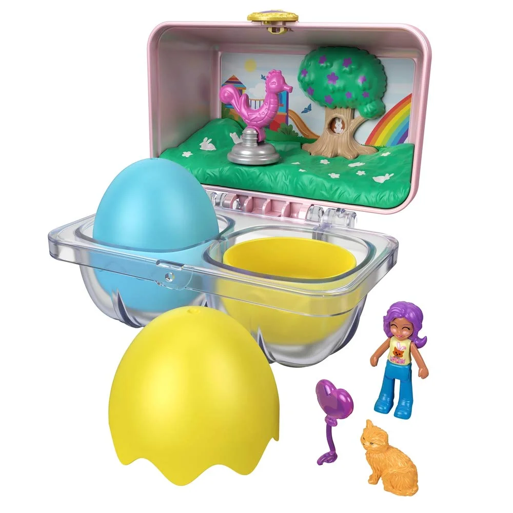 Bundle of 3 | PoIIy Pocket, Mystery Surprise Egg Carton | Purple Birthday Party Bounce House & Blue Nighttime Cityscape & Pink Rainbow Playground Theme