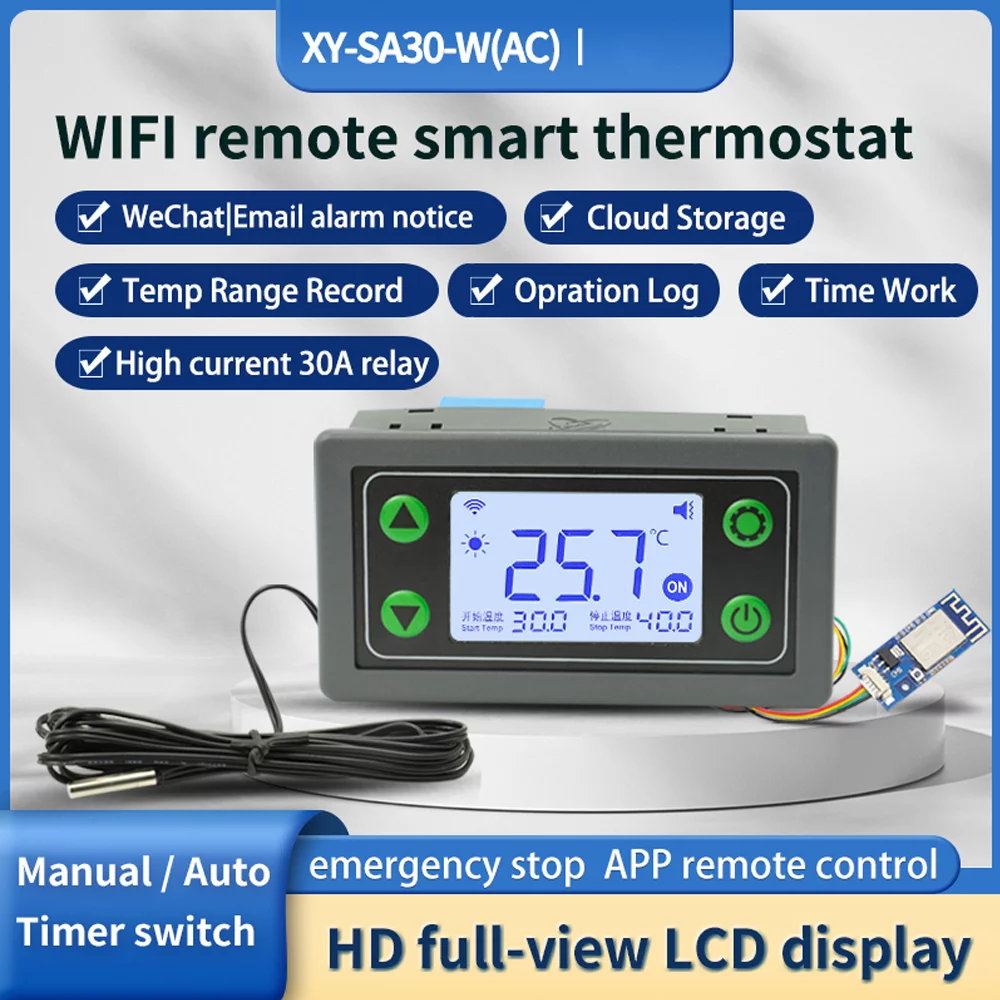 Suzicca Digital LCD Display Intelligent Cellphone APP Remotely Control Wifi Controller Built-in 30A Relay with Timer Startup & Shutdown High and Low Record Cloud Data Recording and Function