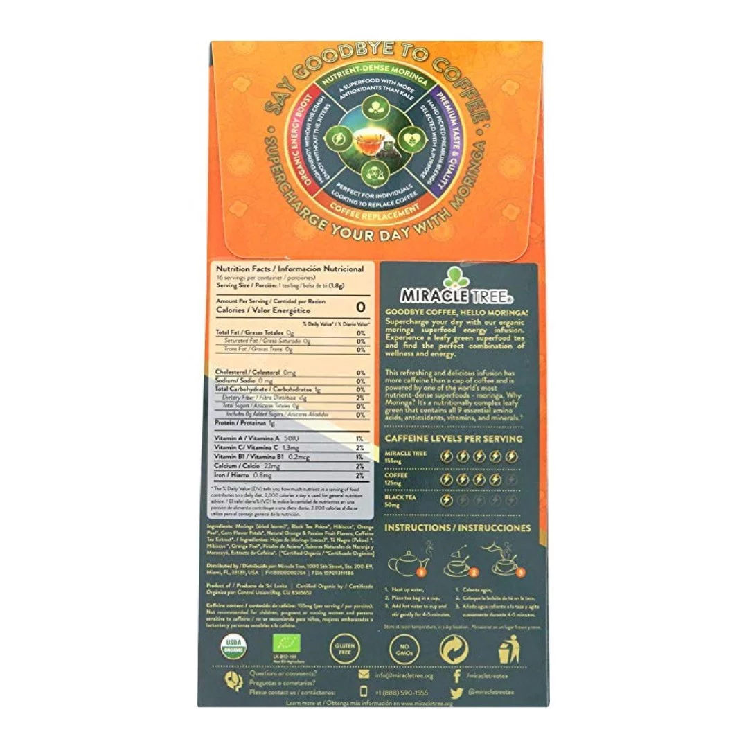 Miracle Tree's Moringa Energy Tea - Orange & Passionfruit | Super Caffeinated Blend | Healthy Coffee Alternative, Perfect for Focus | Organic Certified & Non-GMO | 16 Pyramid Sachets
