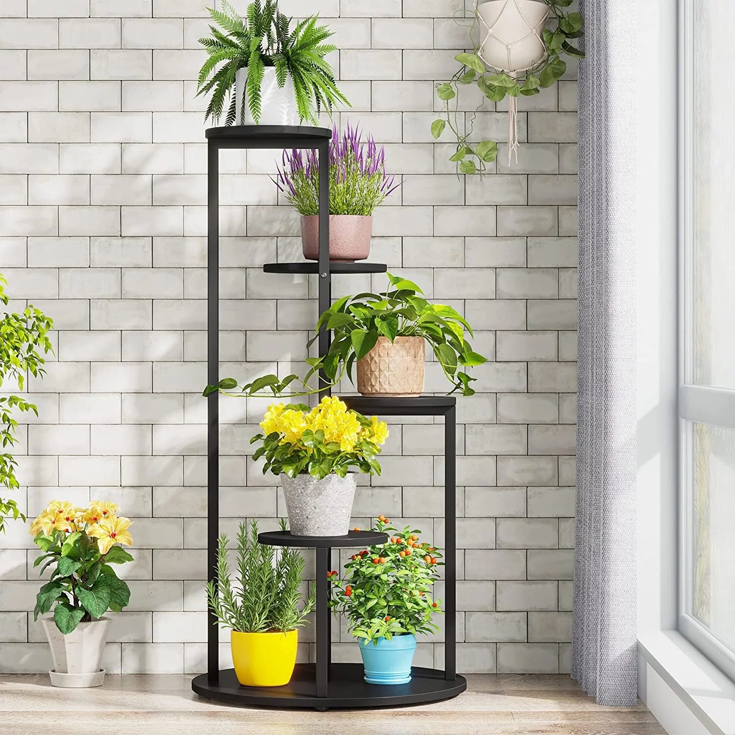 Corner Plant Stand Indoor, 4-tier Tall Plant Shelf Holders Round Board Black