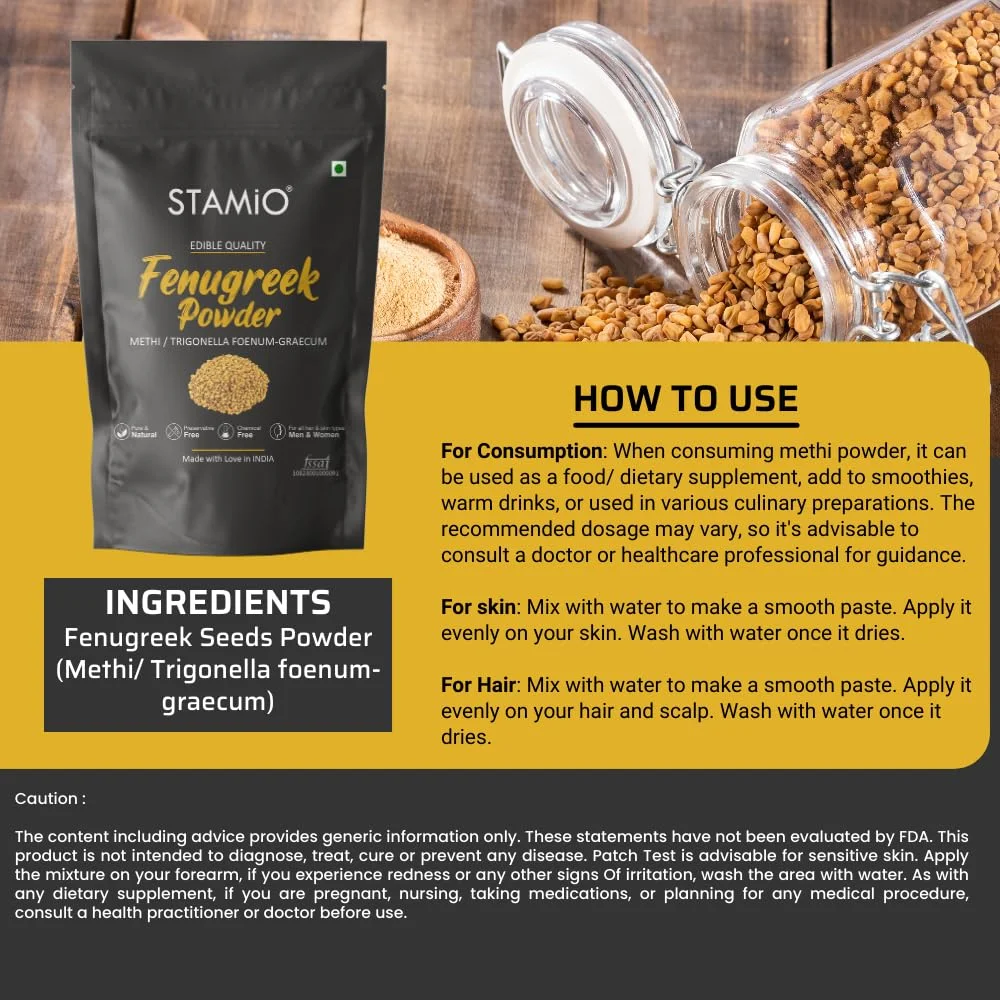 STAMIO Fenugreek Powder 250 gm | Pure Natural Methi Dana/Seeds | Trigonella Foenum-Graecum, Menthya, Venthayam, Menthulu | In Pouch 8.82 oz