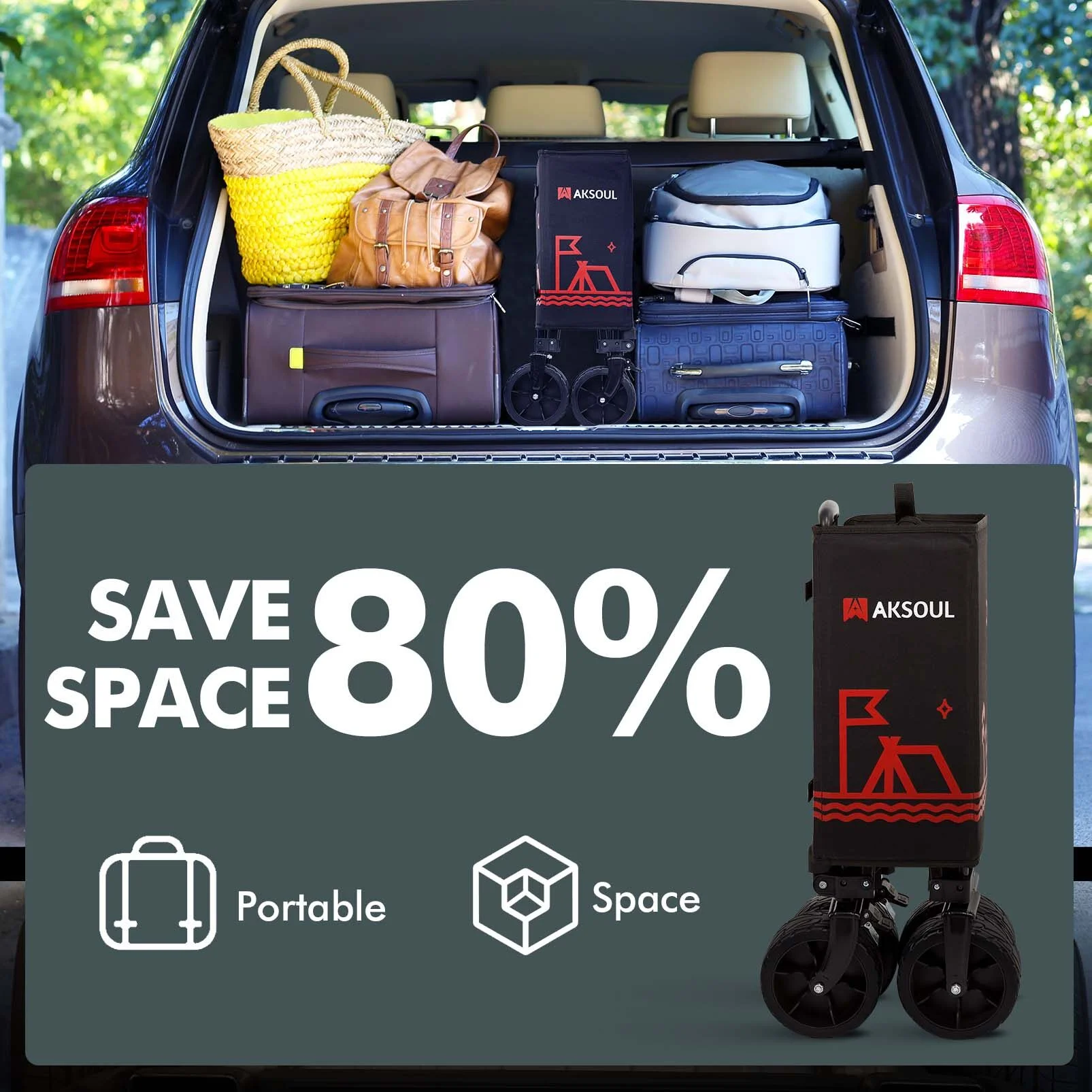 RUNACC Collapsible Trolley Wagon Cart Folding Camping Outdoor Trolley Wagon: Heavy Duty Trail Cart with Big Wheel for Traveling, Camping