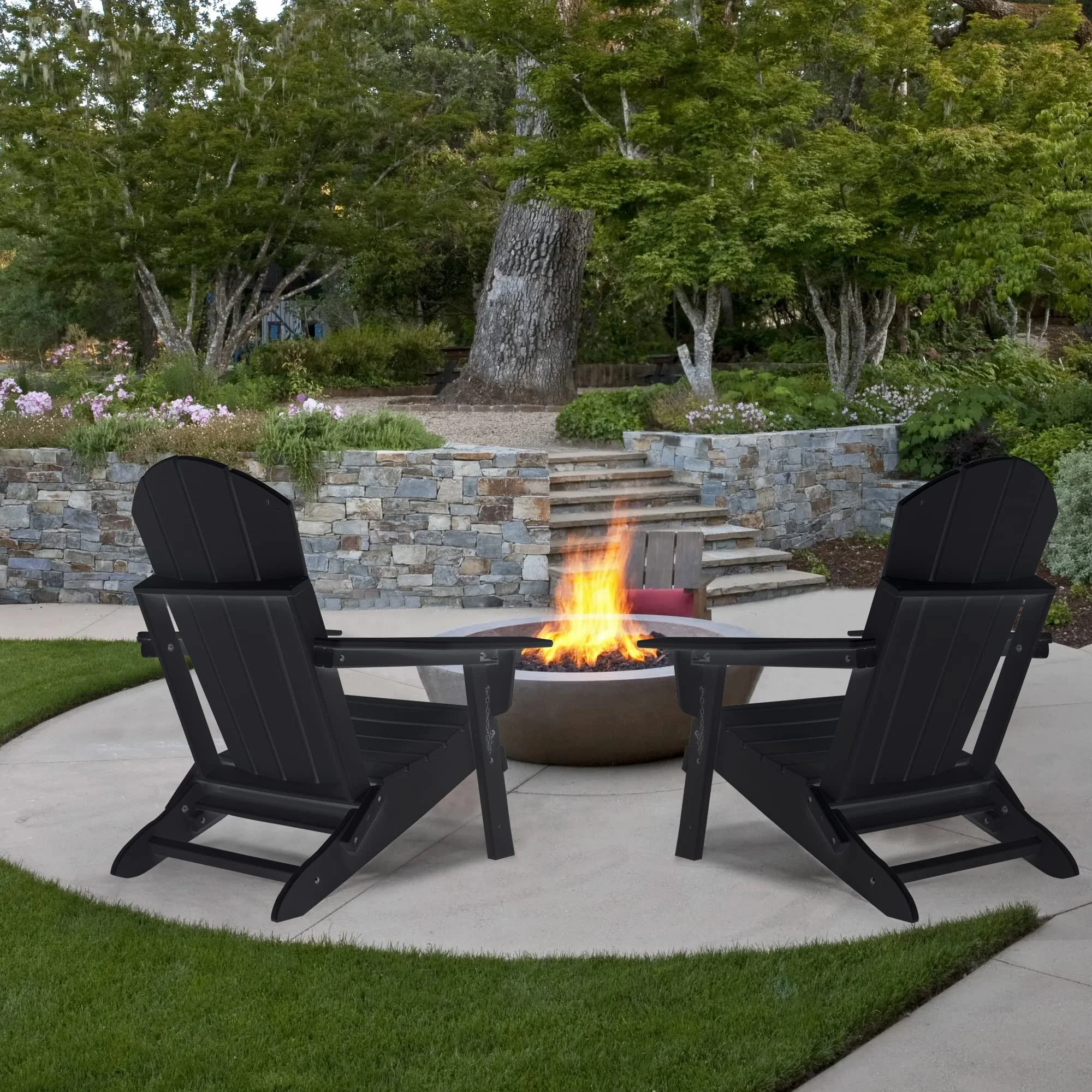 2PCS Folding Adirondack Chair with Retractable Ottoman, HDPE All-Weather Resistant Adjustable Backrest Adirondack Chair w/4 in 1 Cup Holder Trays, Black