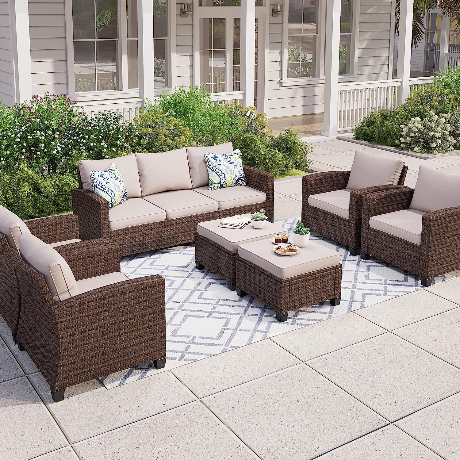 MIXPATIO 7 Pieces Outdoor Conversation Set for 9  Patio  Manual Weaving Wicker Outside Sectional Couch PE Rattan Couch with Beige Cushions for Porch Lawn Garden Backyard  Beige