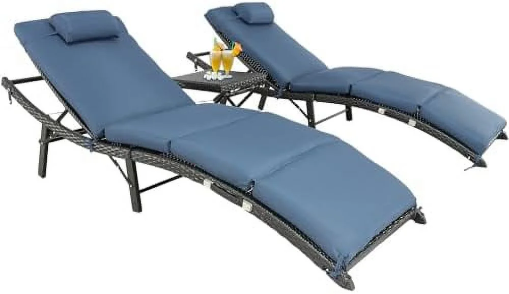LNSETGC Patio Lounge Chairs Adjustable Chaise Lounge Outdoor PE Rattan Wicker Pool Lounge Chairs Set of 3 with Cushion for Beach Pool Backyard Garden (Navy)