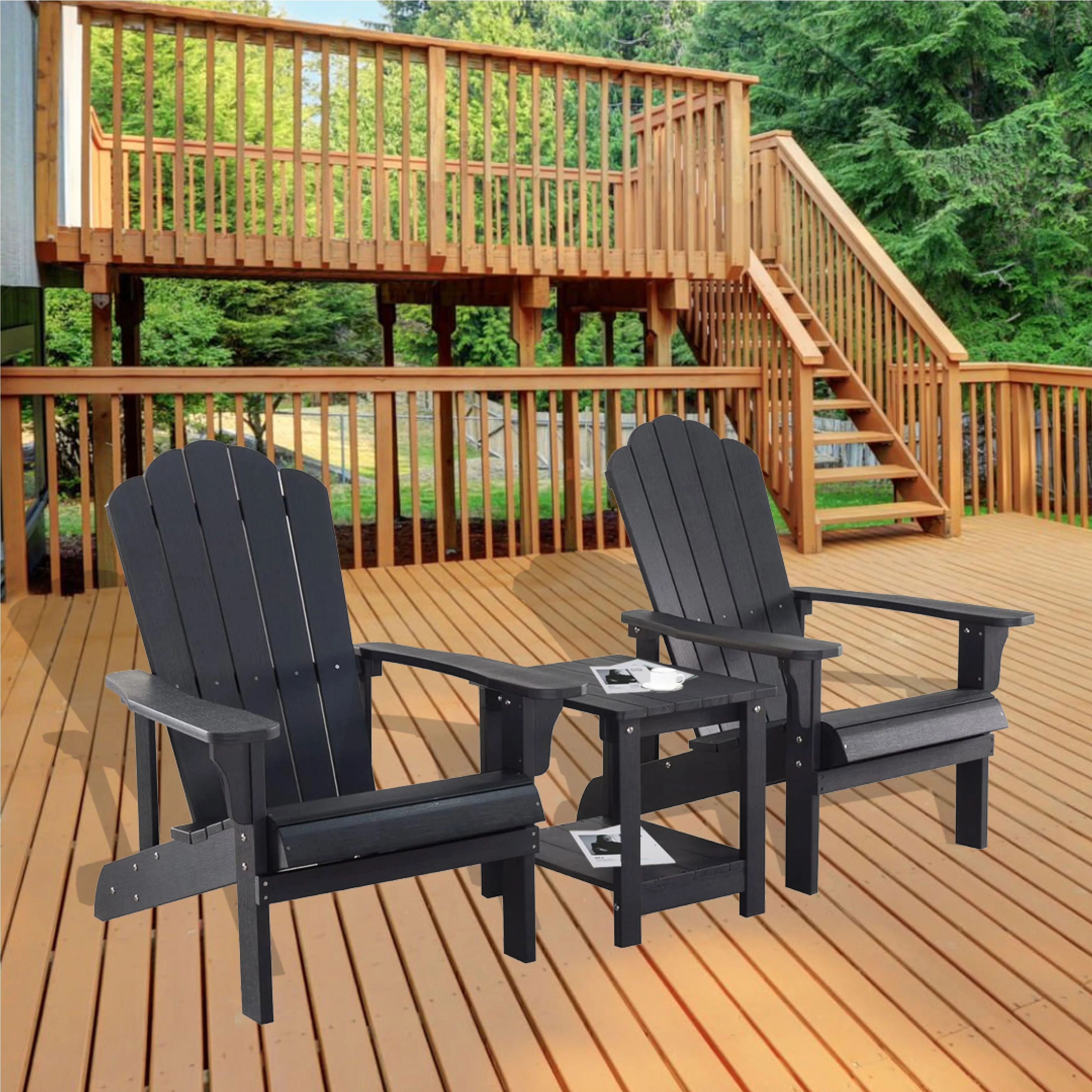iPatio Premium Outdoor 3-Piece Adirondack Bistro Set: Weather-Resistant and Durable Patio Furniture with 2 Chairs and Side Table for Deck, Garden, and Poolside Relaxation, Black