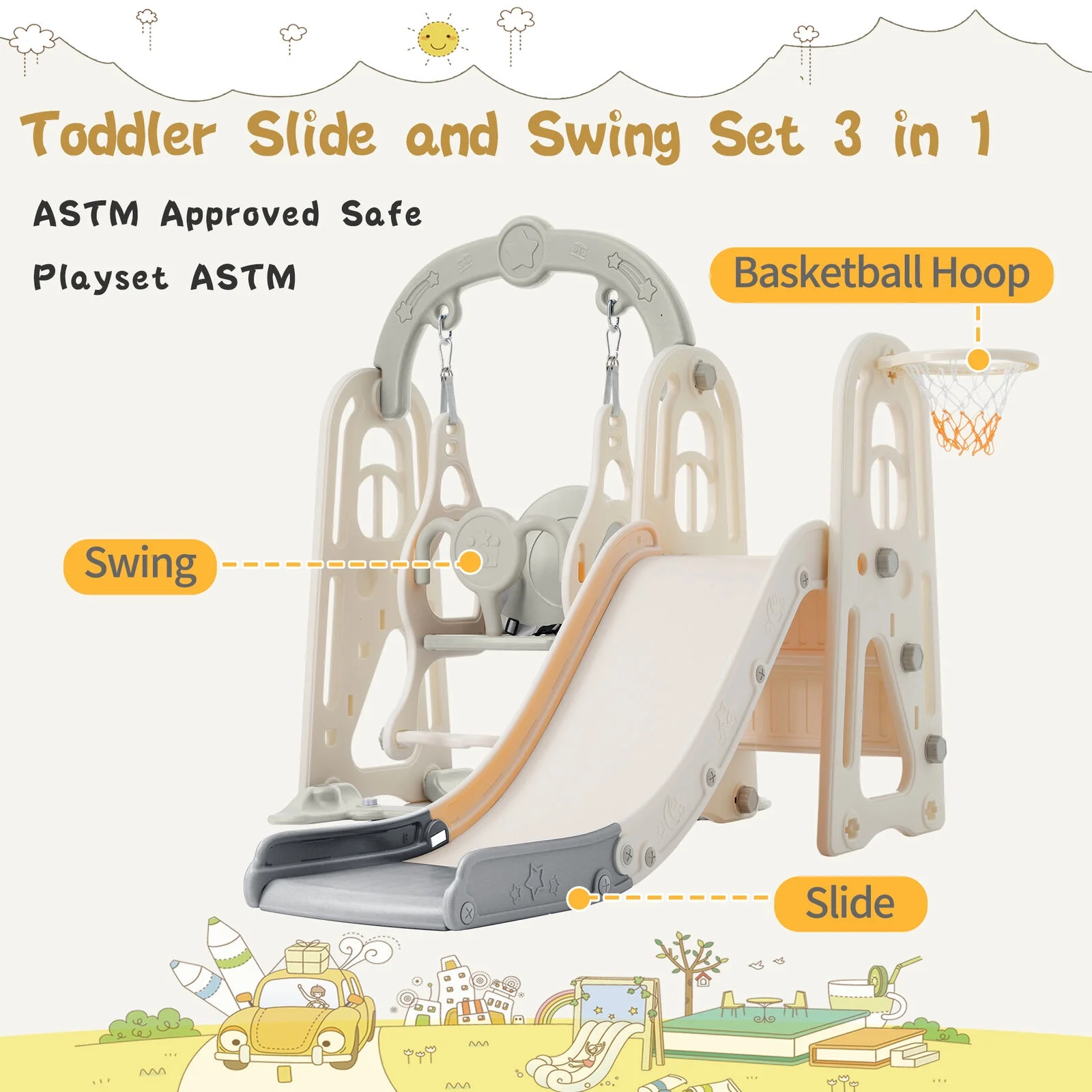 Toddler Slide Swing Set 3 in 1,Kid Playground Climber Slide Playset ball Hoop