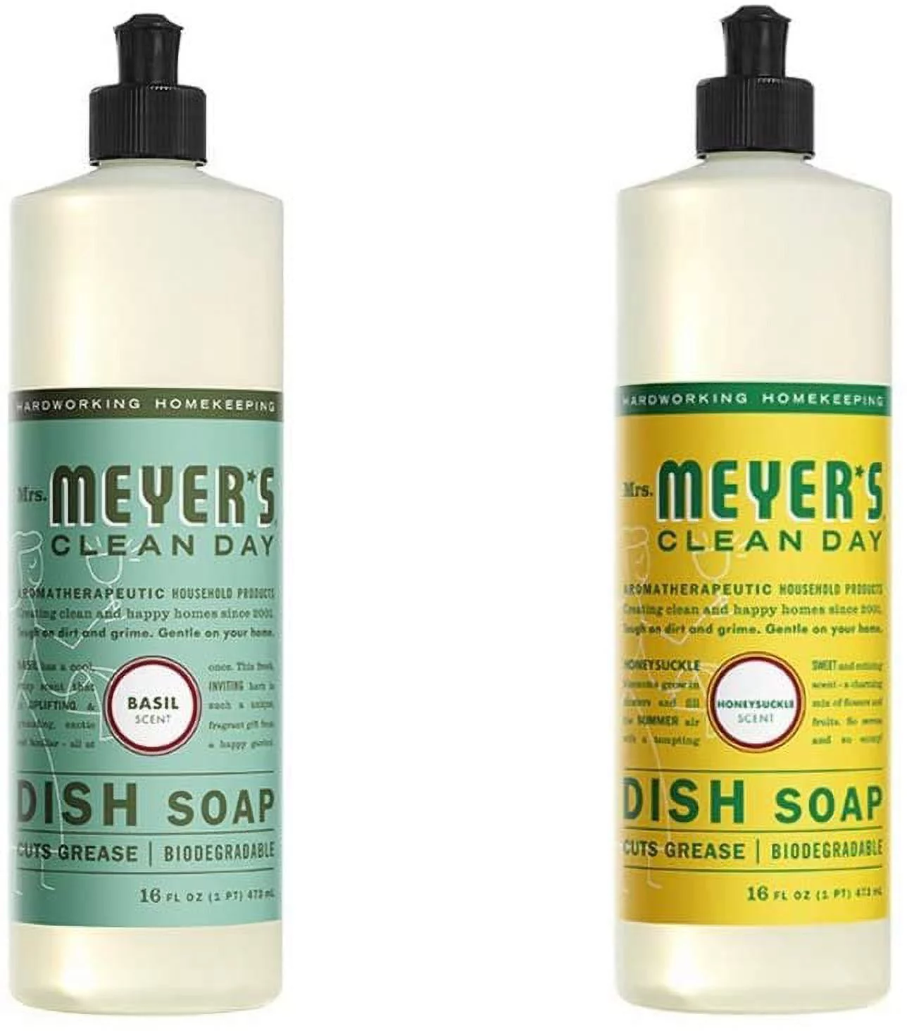 Mrs. Meyers Clean Day Liquid Dish Soap, 1 Pack Basil, 1 Pack Honeysuckle, 16 OZ each