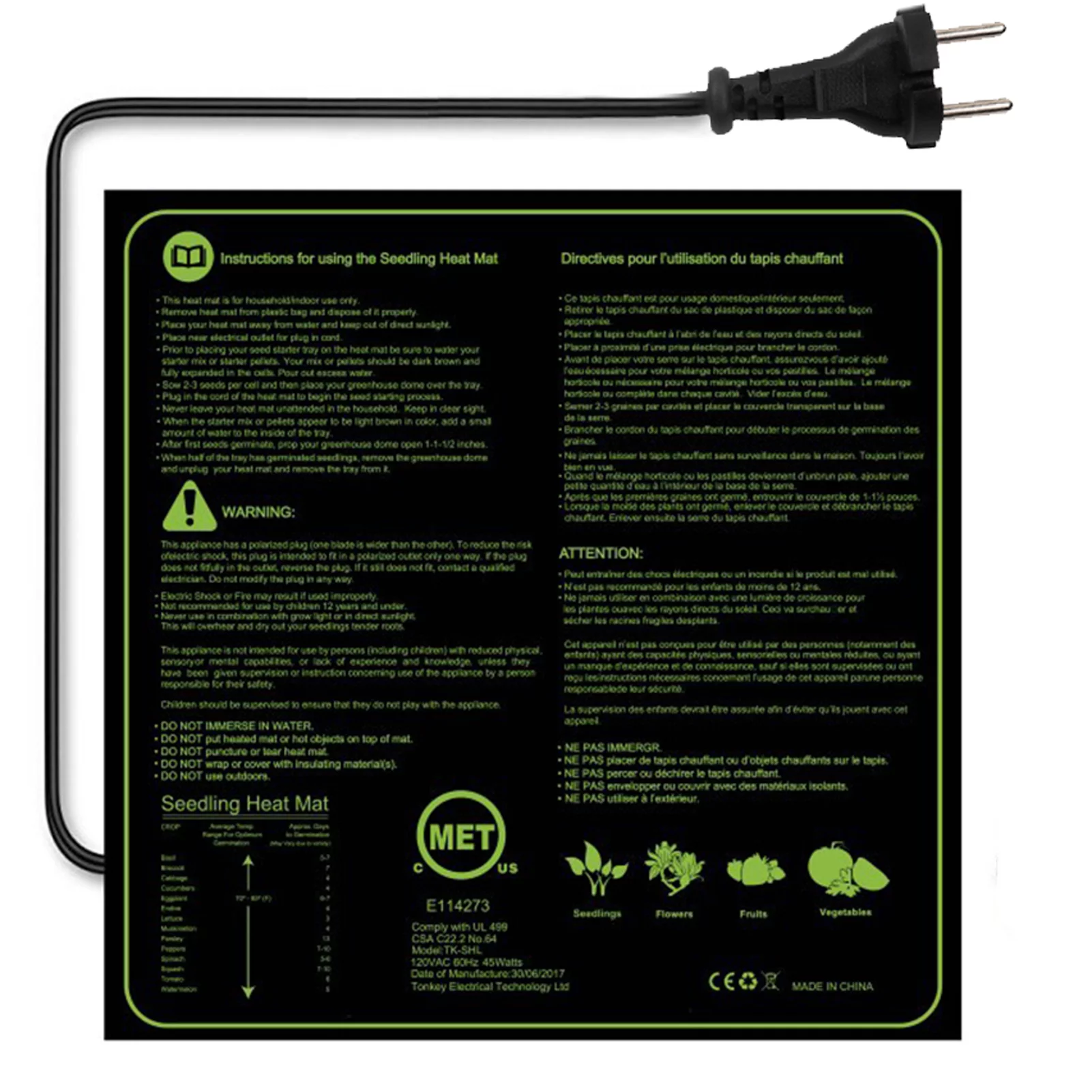 45W Seedling Heating Mat Durable Waterproof Flowers Fruits Vegetables Digital Seedlings Growth Germination Propagation Starter Pad 20*20in Warm Hydroponic Heating Pad for Indoor Home Gardeni