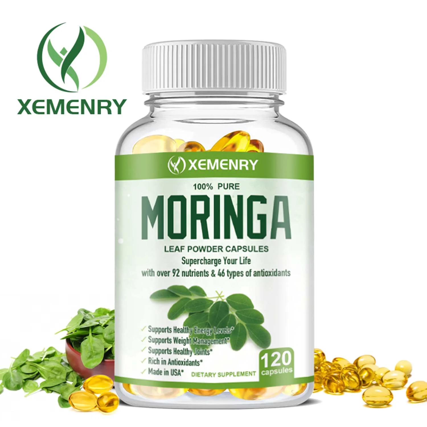 Xemenry Moringa 1000mg -100% Pure Natural Green Superfood, Energy Booster, Antioxidant(30/60/120pcs)