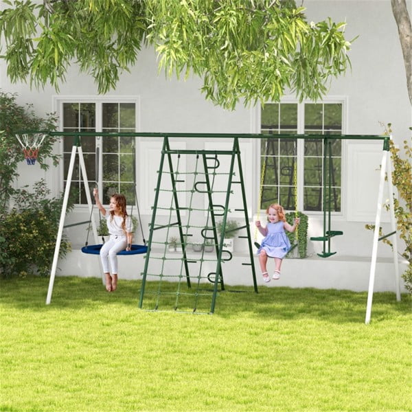 6-in-1 Kids Outdoor Playset with Swing, Glider, Climbing Ladder  Basketball Hoop