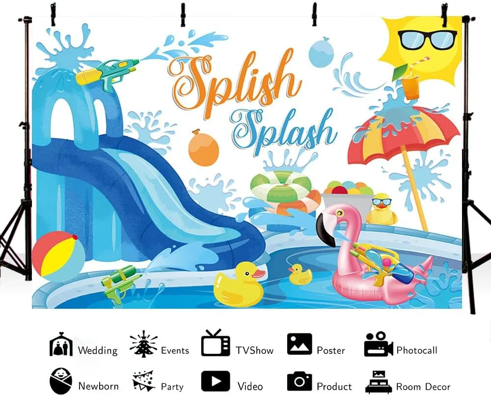 Soft Summer Splish Splash Backdrop Pool Party Blue Slide Photography Background Swiming Ball Duck Water Gun Birthday Hawaiian Flamingo Lifebuoy Holiday Decoration Photo Props