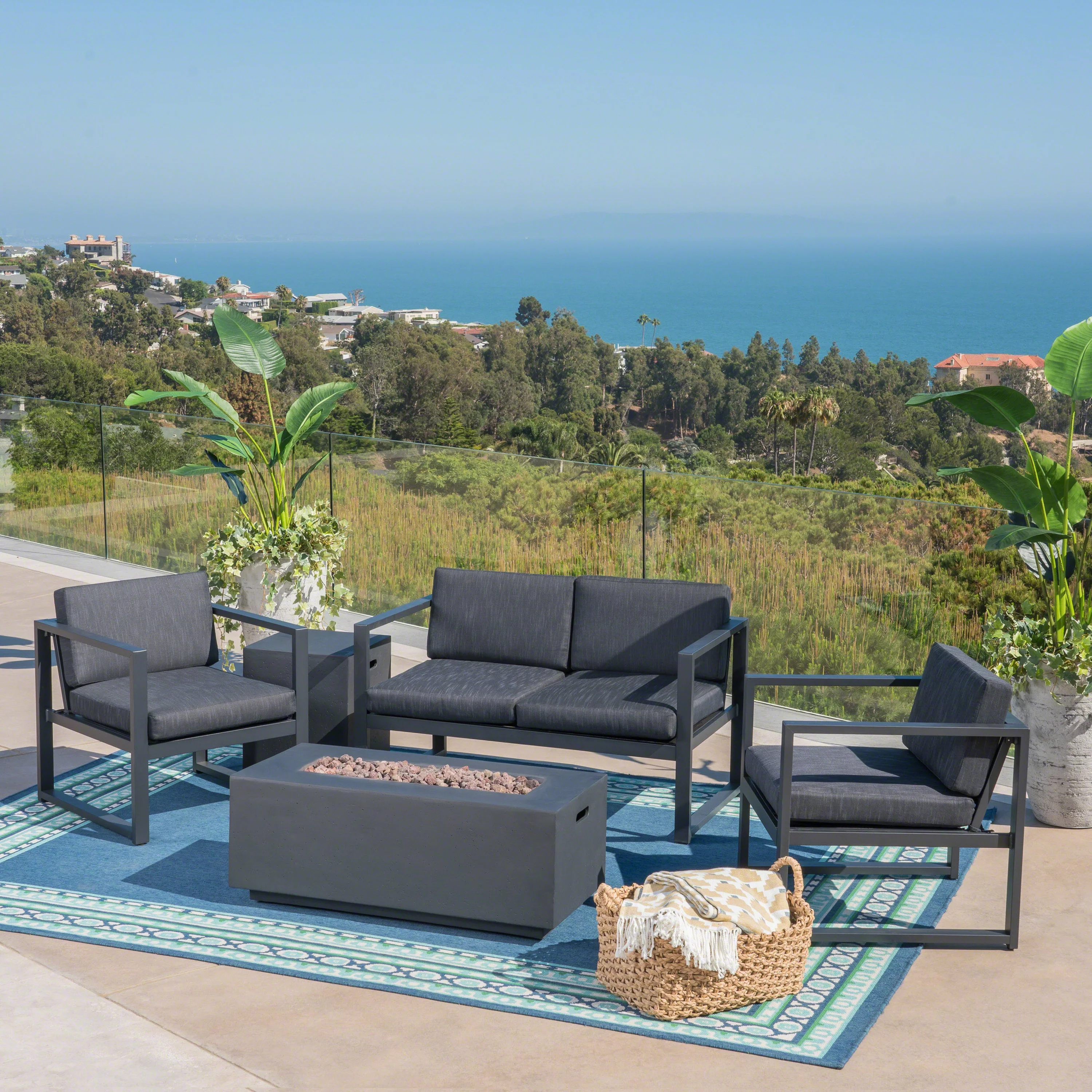 Keith Outdoor 5 Piece Aluminum Chat Set with Fire Pit and Tank Holder, Dark Gray, Silver, Dark Gray