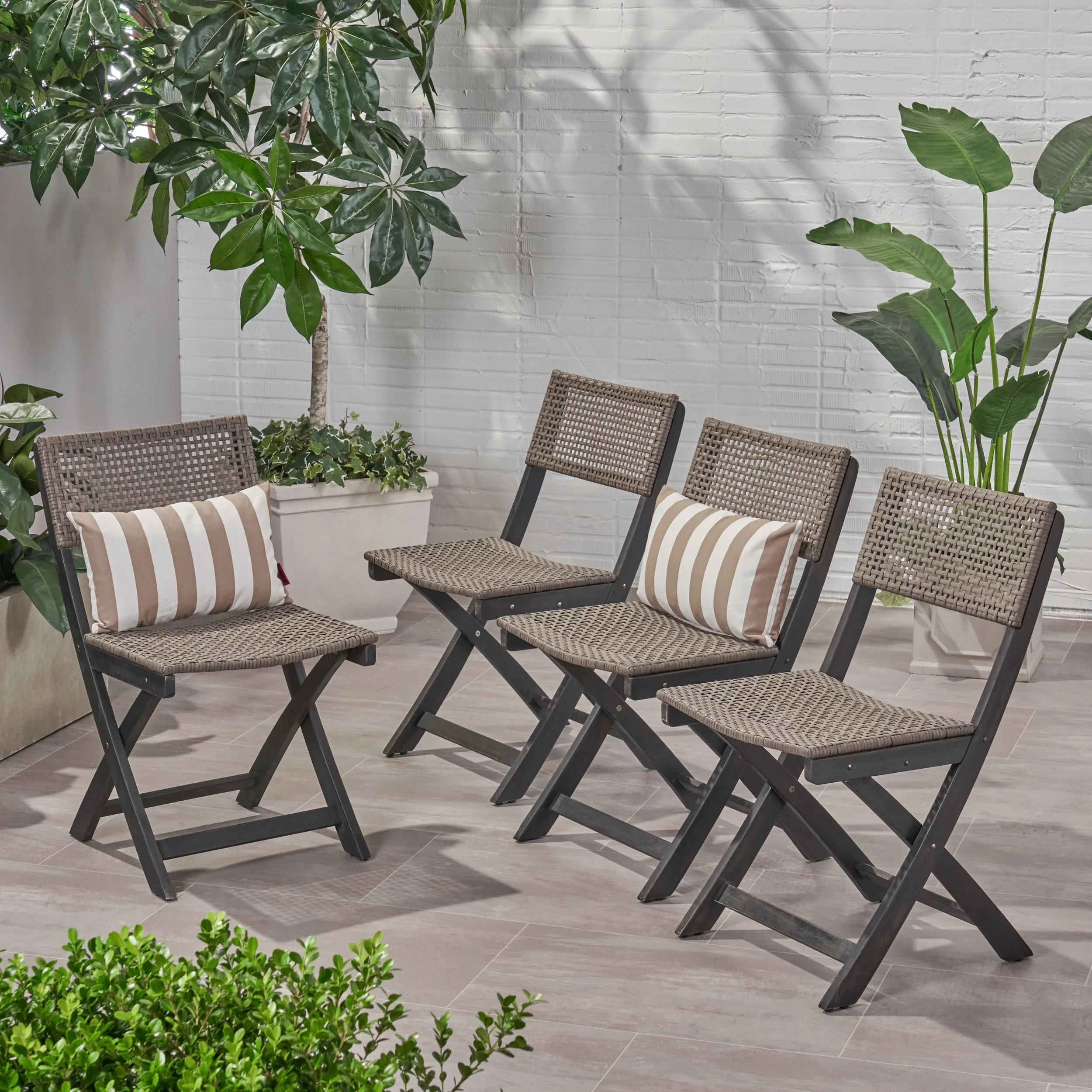 Maison Outdoor Acacia Wood Foldable Bistro Chairs with Wicker Seating, Set of 4, Dark Gray Finish and Brown Wicker