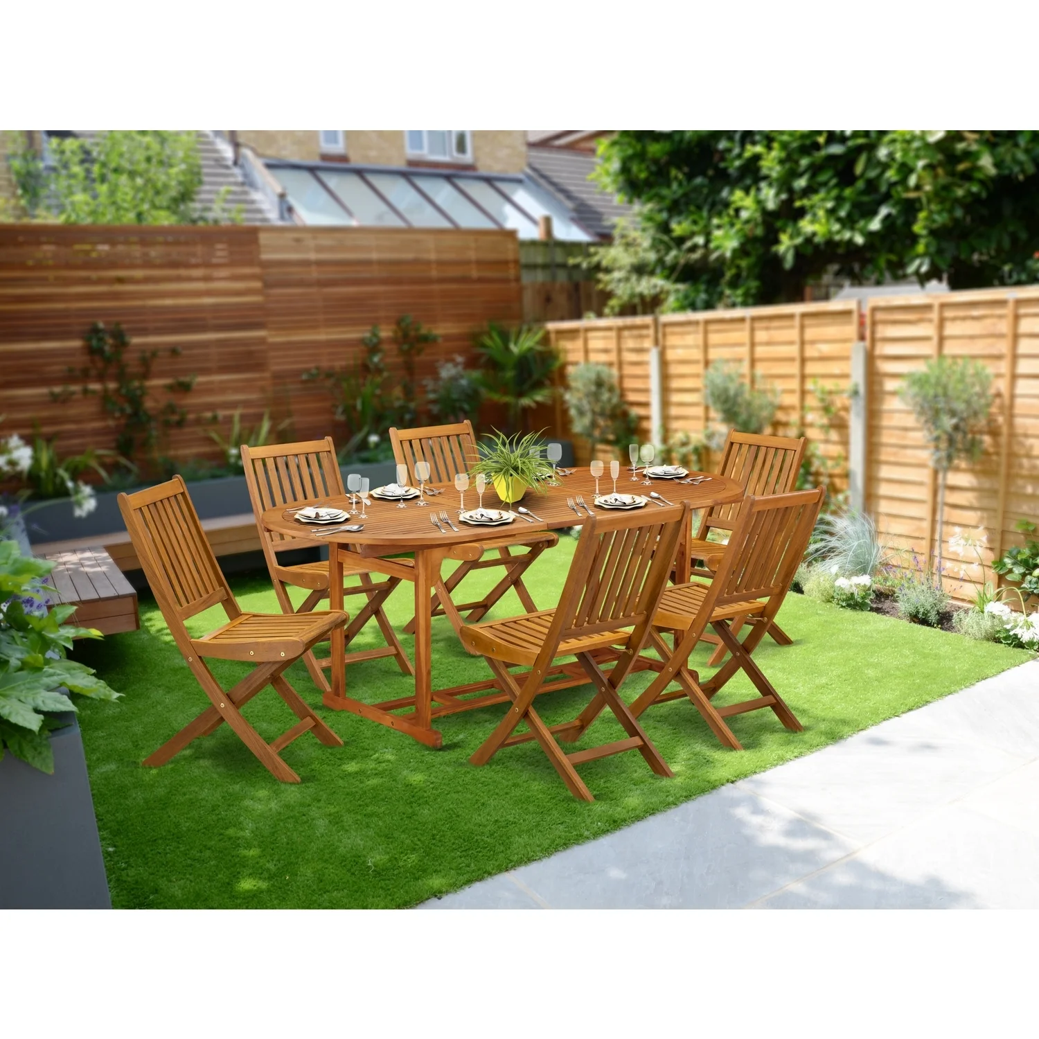 HomeStock Suburban Sophistication 7-Pc Outdoor Set- 6 Outdoor Chairs Slatted Back And Outdoor Coffee Table And Round Top With Wooden Legs - Natural Oil Finish