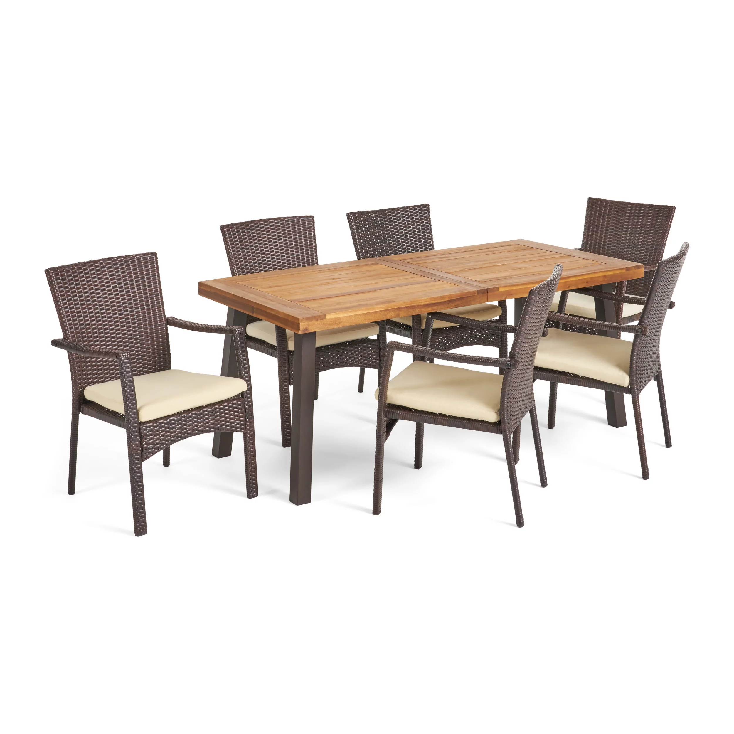 Acova 7-Piece Outdoor Wood and Wicker Dining Set, Natural Stained and Brown