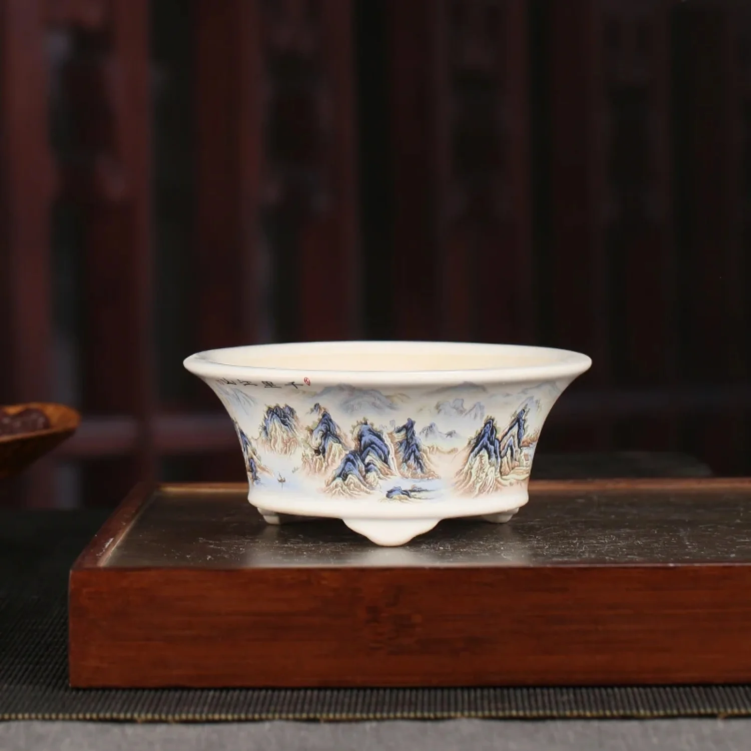 Retro Chinese Literary Purple Sand Round Ceramic Bonsai Flower Pot Decorative Small Succulent Desktop Ornaments Floral Planter Display Home Garden Decor