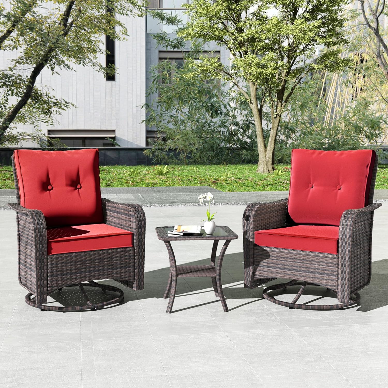 Dina 3 Pieces Patio Furniture Set Outdoor Swivel Rocking Chairs Porch Furniture Patio Rattan Chairs with Table